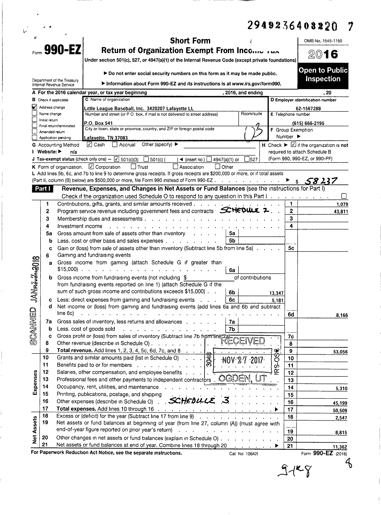 Image of first page of 2016 Form 990EZ for Little League Baseball - 3420207 Lafayette LL