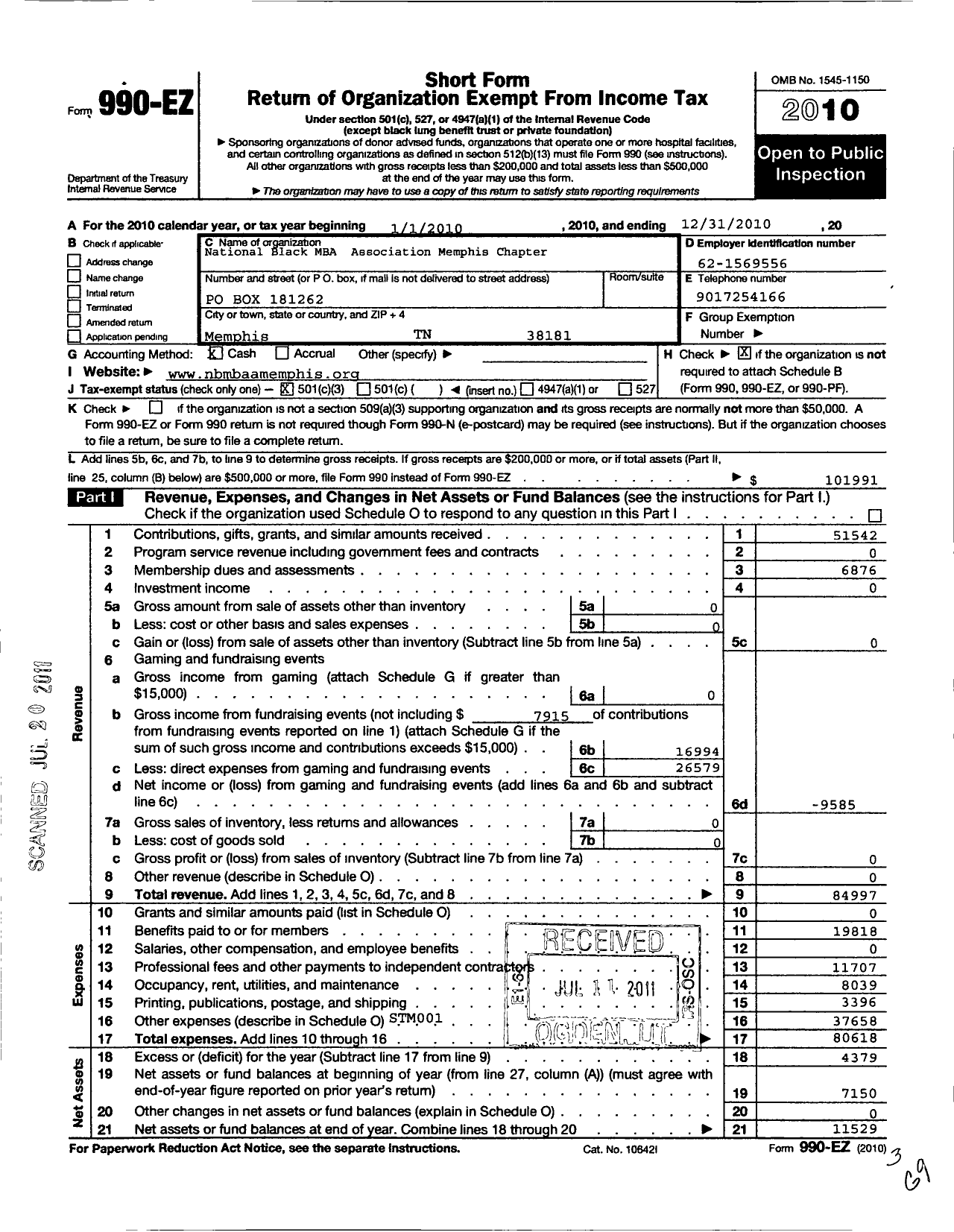 Image of first page of 2010 Form 990EZ for National Black MBA Association Inc-Memphis Chapter