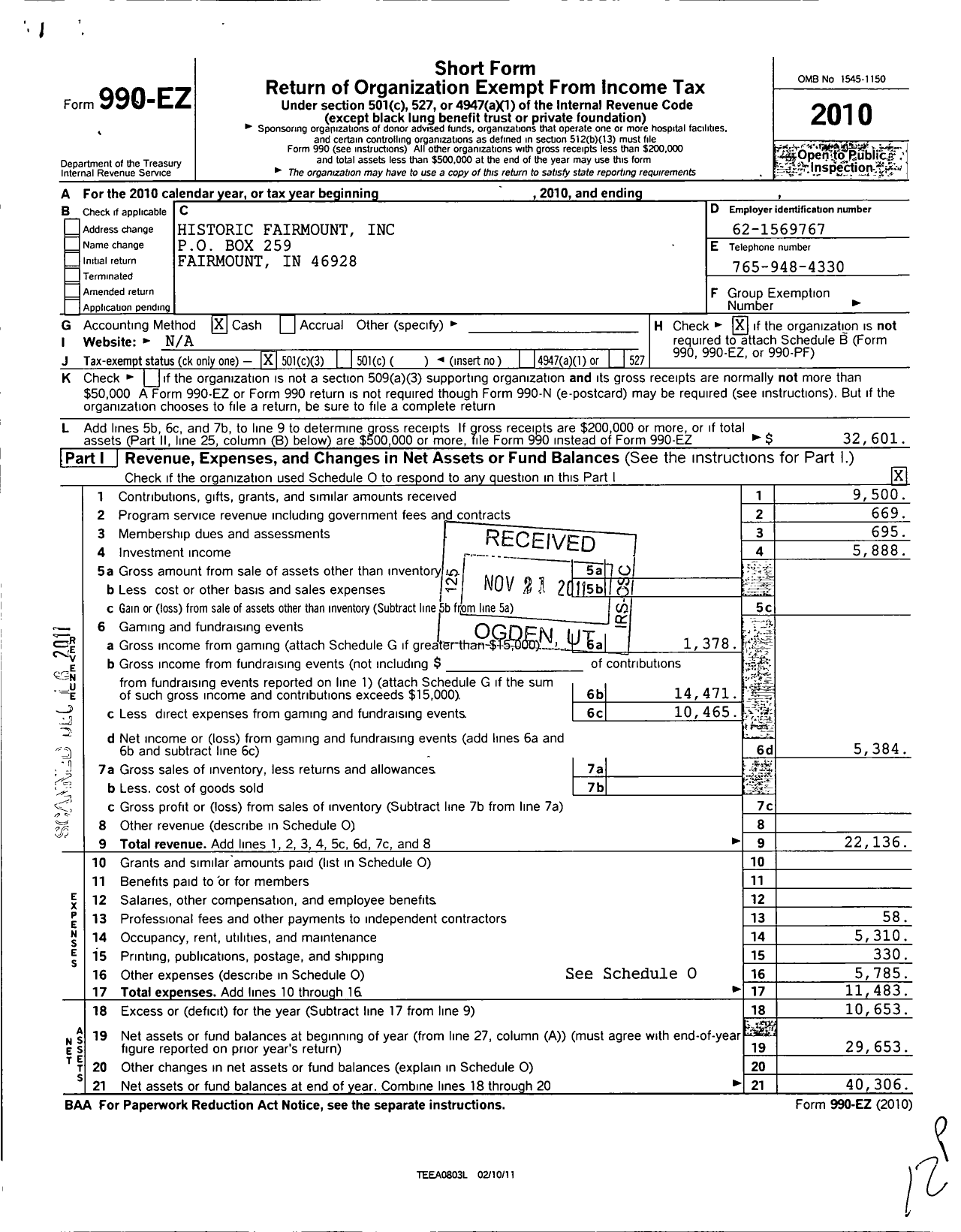 Image of first page of 2010 Form 990EZ for Historic Fairmount