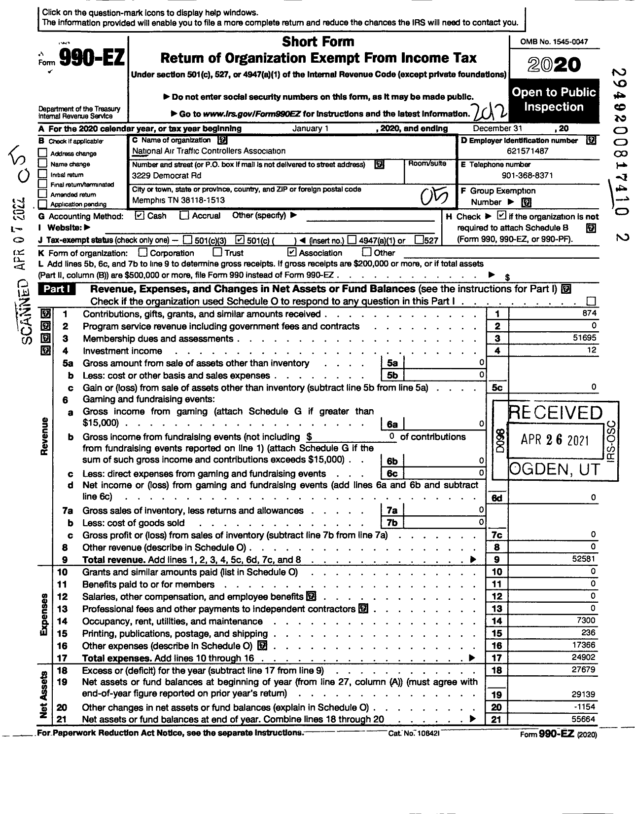 Image of first page of 2020 Form 990EO for National Air Traffic Controllers Association / Natca Local Zme