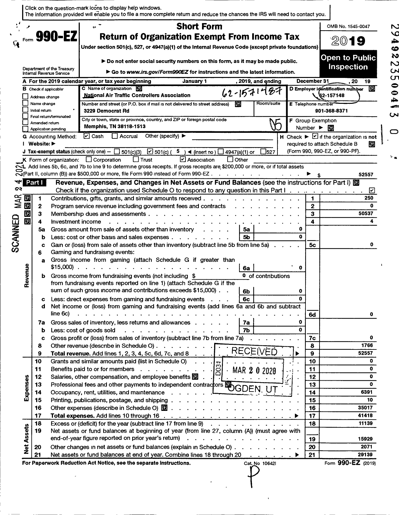 Image of first page of 2019 Form 990EO for National Air Traffic Controllers Association / Natca Local Zme