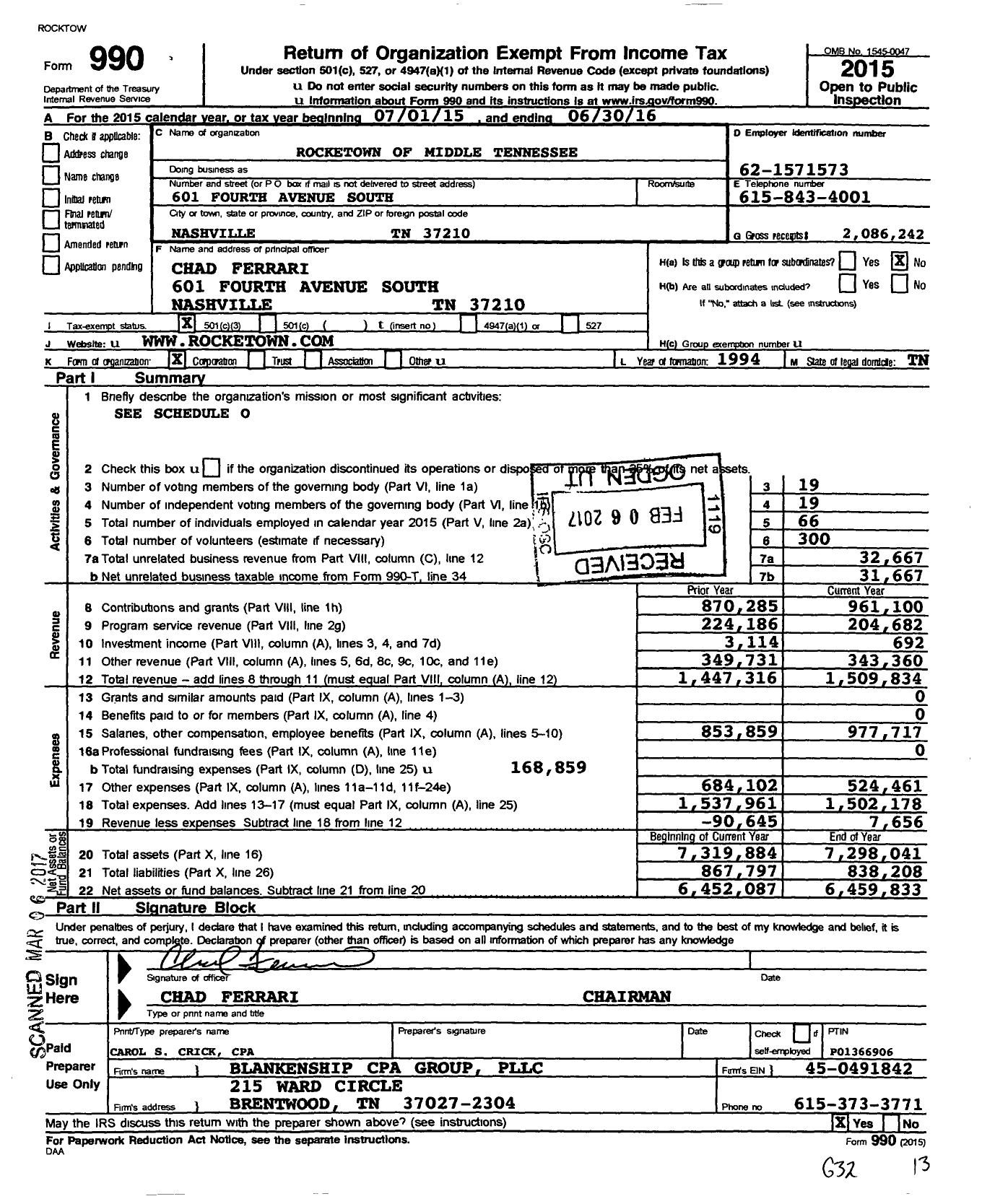 Image of first page of 2015 Form 990 for Rocketown of Middle Tennessee