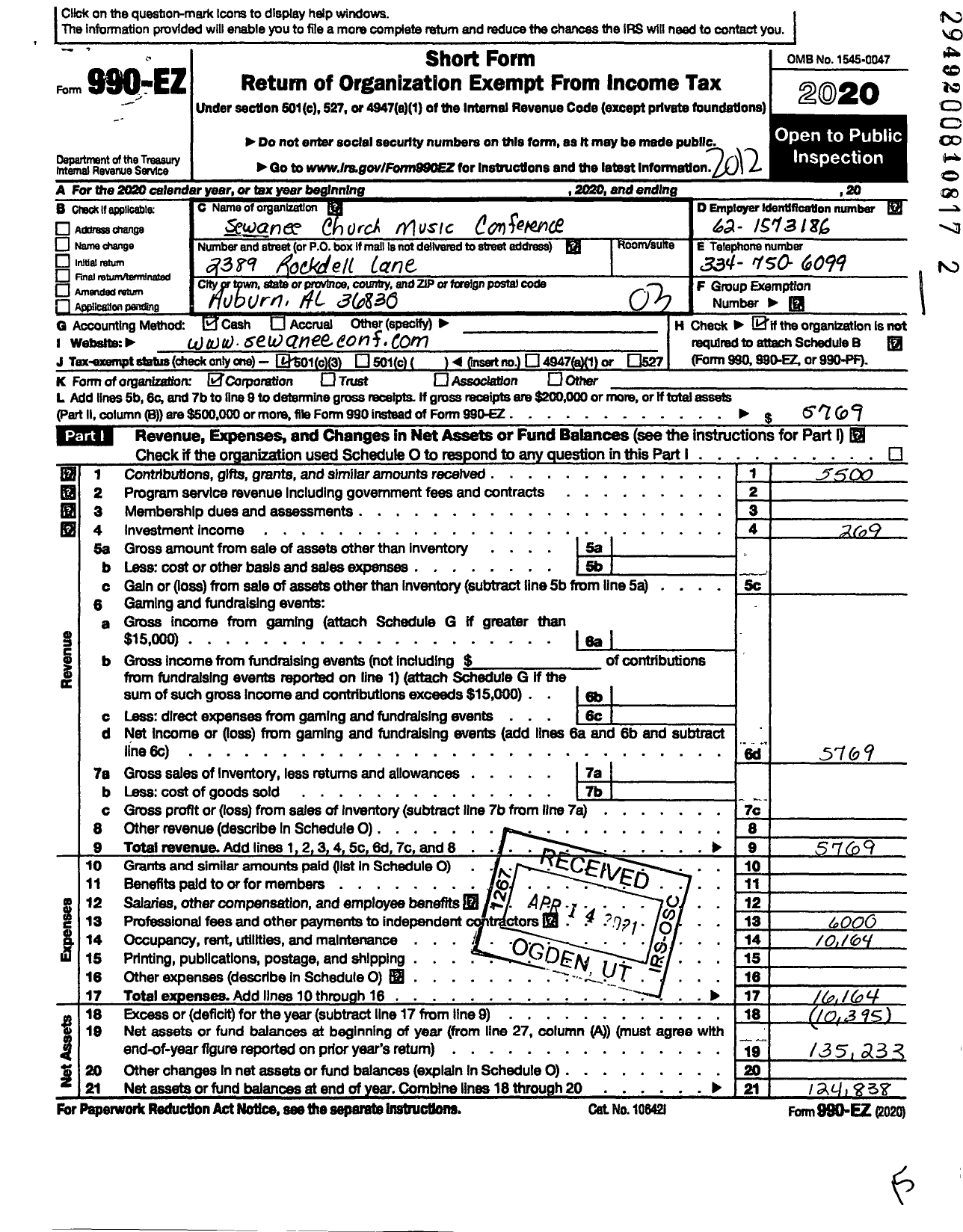 Image of first page of 2020 Form 990EZ for Sewanee Church Music Conference