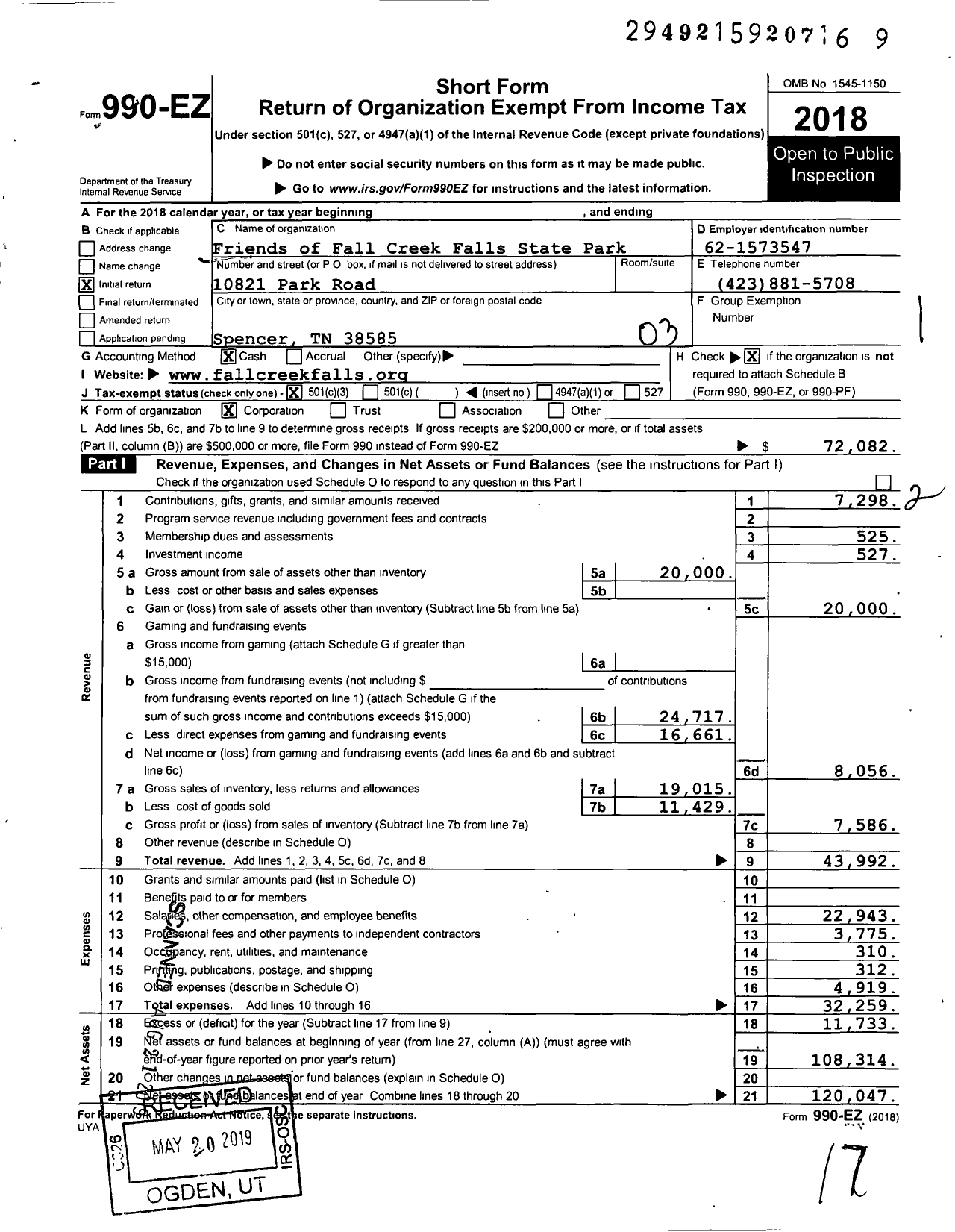 Image of first page of 2018 Form 990EZ for Friends of Fall Creek Falls State Park