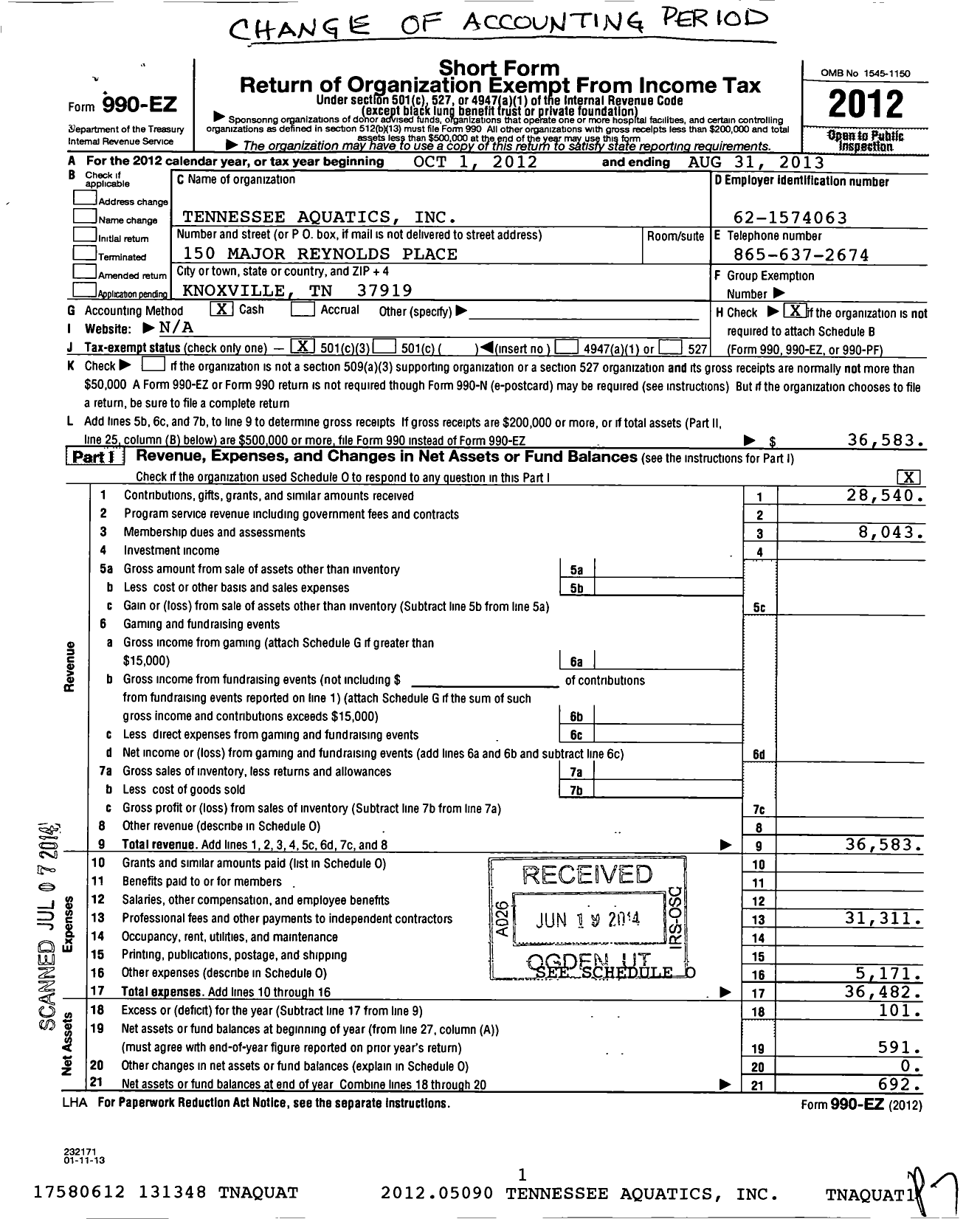 Image of first page of 2012 Form 990EZ for Tennessee Aquatics