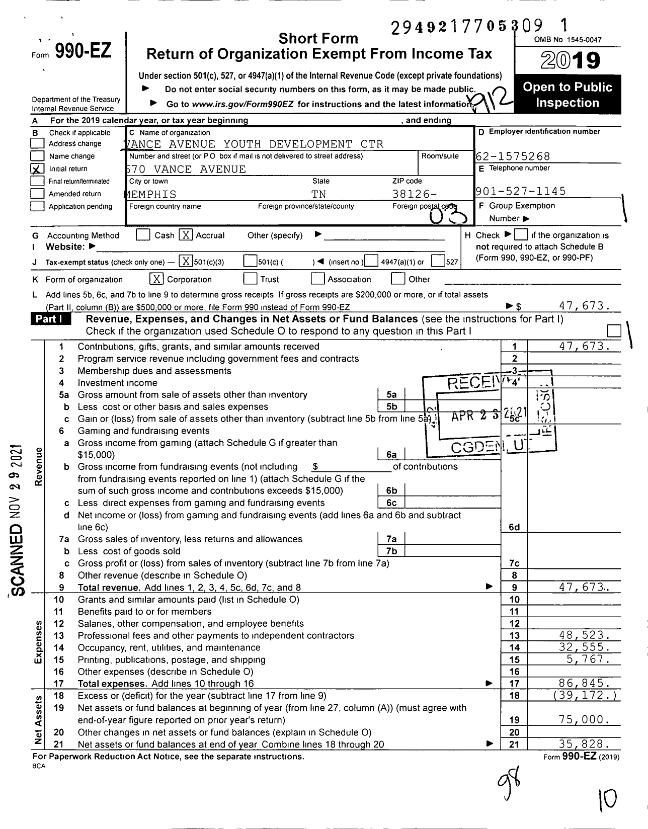 Image of first page of 2019 Form 990EZ for Vance Avenue Youth Development Center