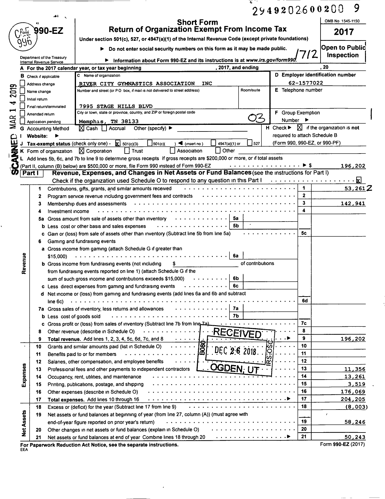 Image of first page of 2017 Form 990EZ for River City Gymnastics Association