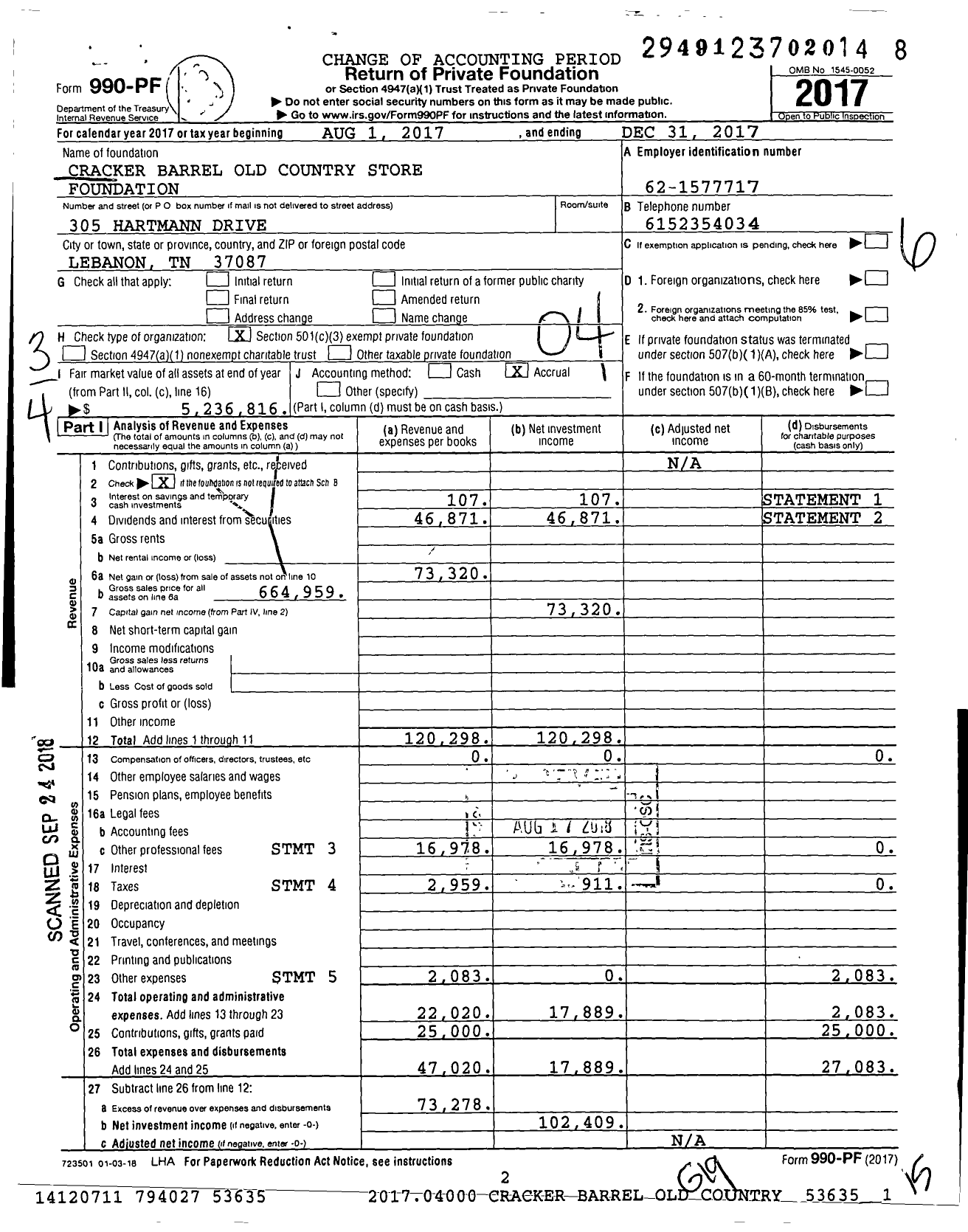 Image of first page of 2017 Form 990PF for Cracker Barrel Old Country Store Foundation