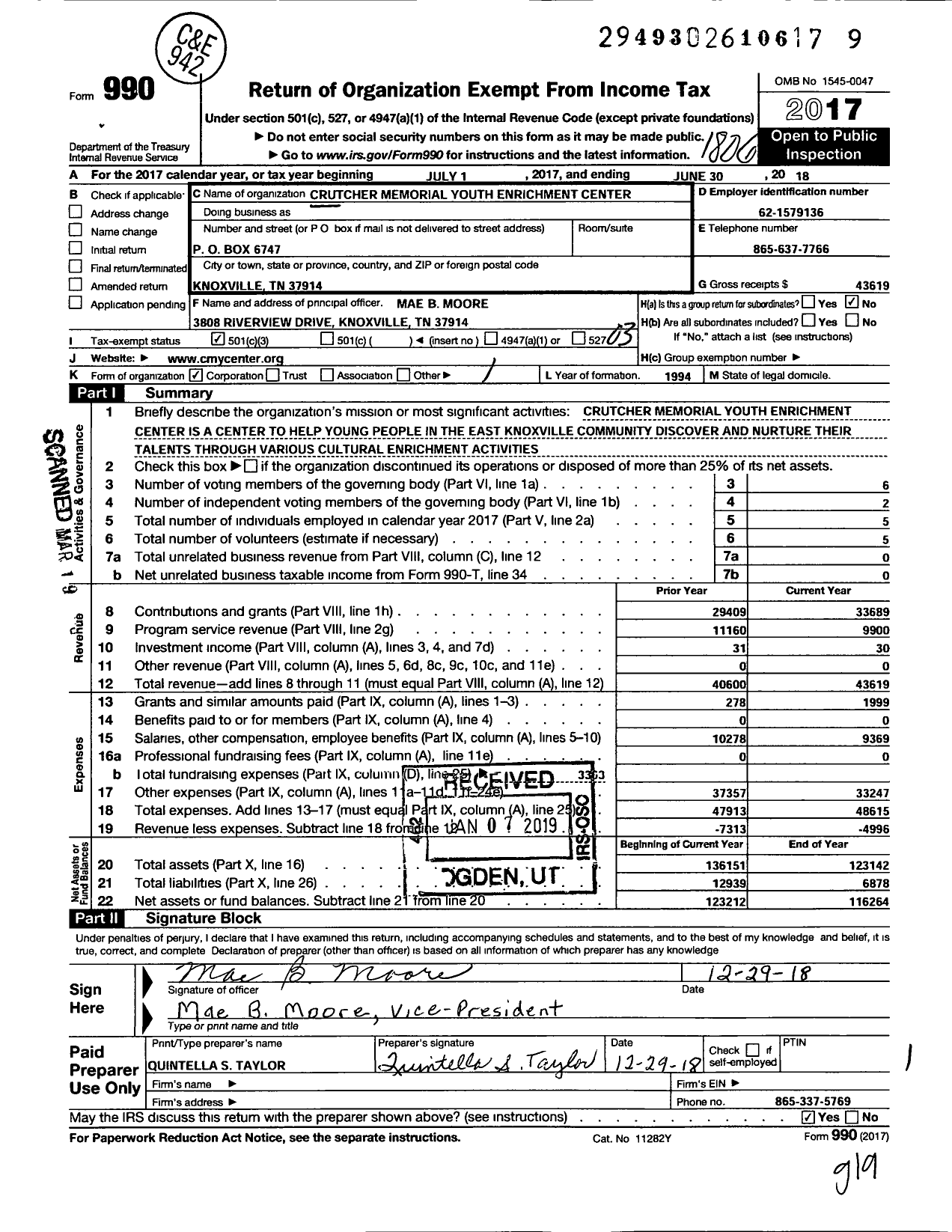 Image of first page of 2017 Form 990 for Crutcher Memorial Youth Enrichment Center