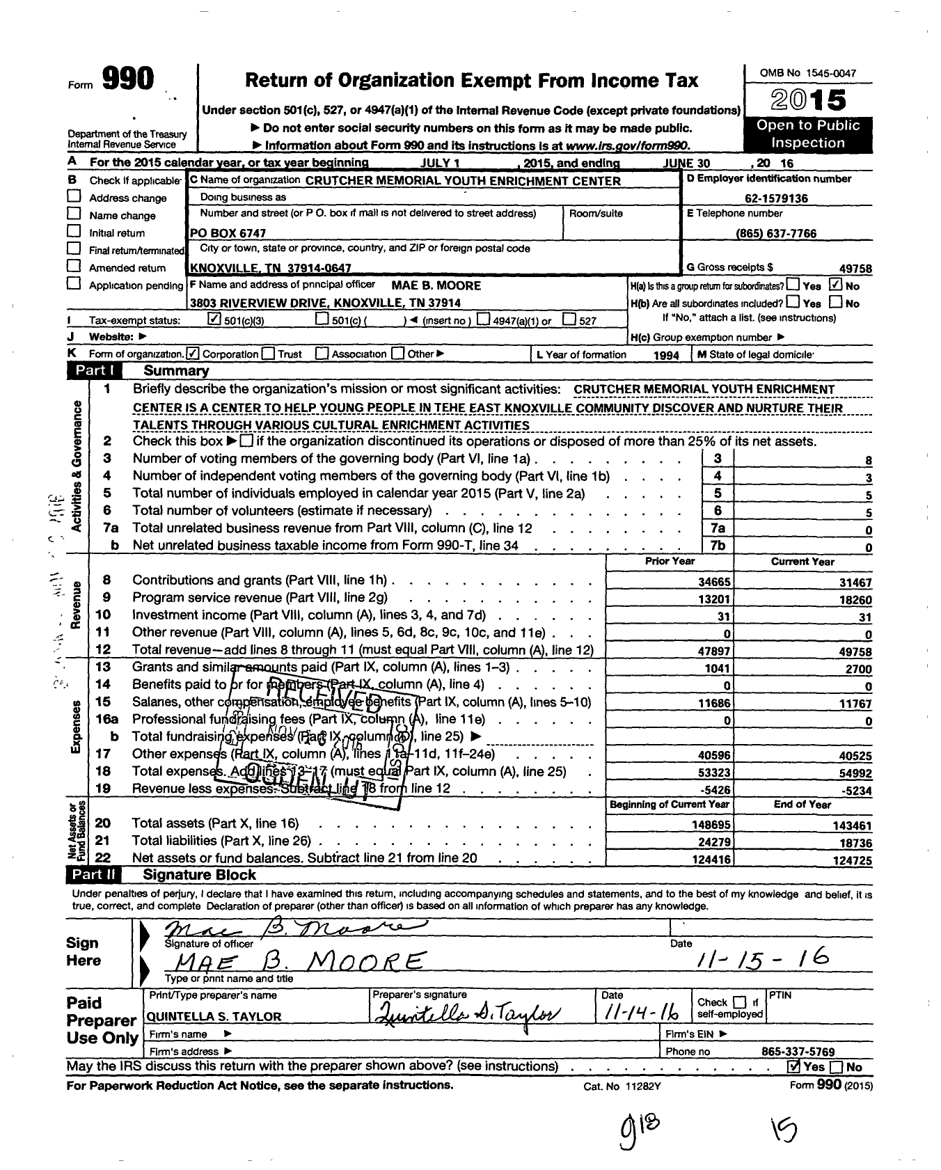 Image of first page of 2015 Form 990 for Crutcher Memorial Youth Enrichment Center