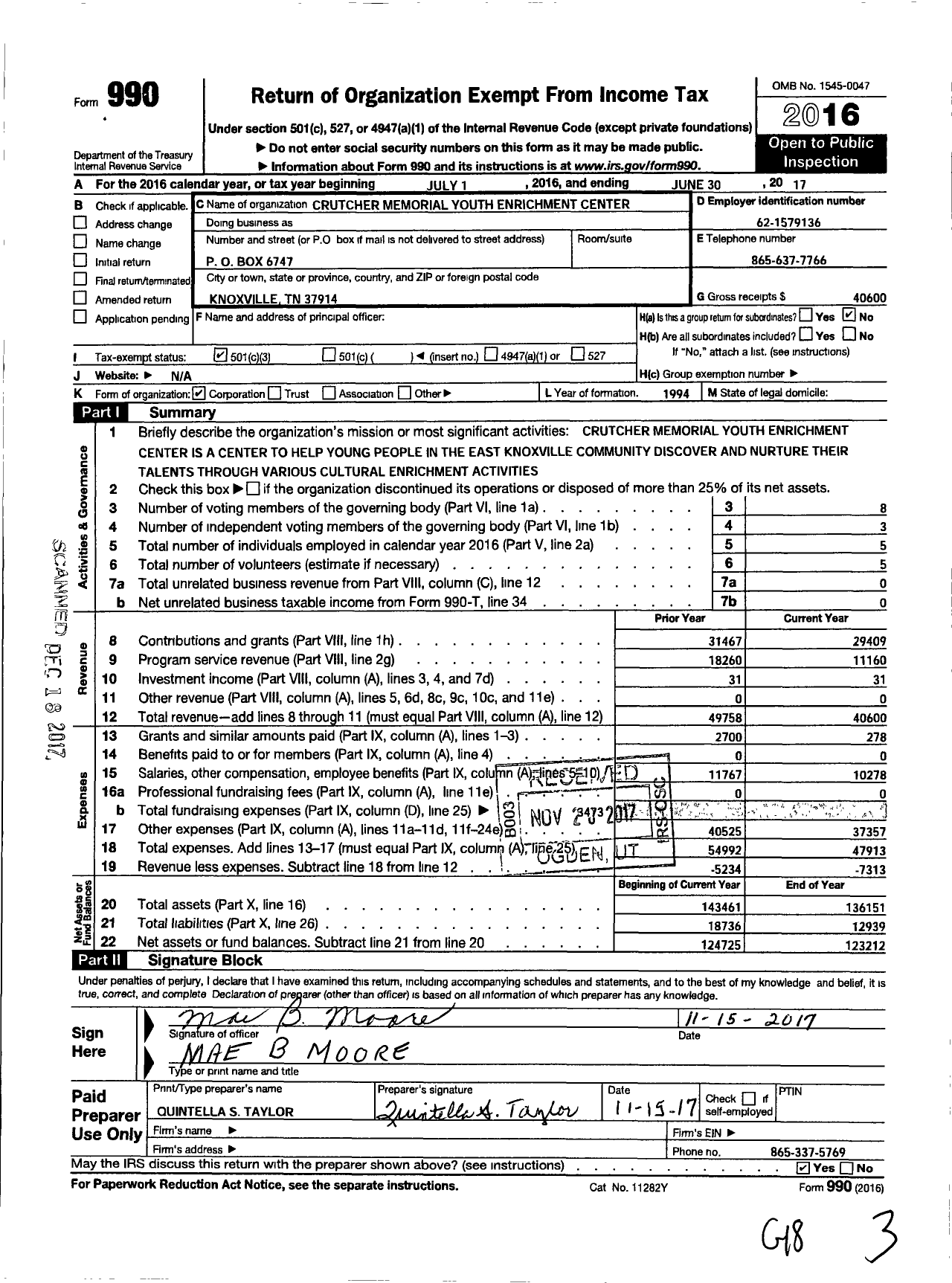 Image of first page of 2016 Form 990 for Crutcher Memorial Youth Enrichment Center