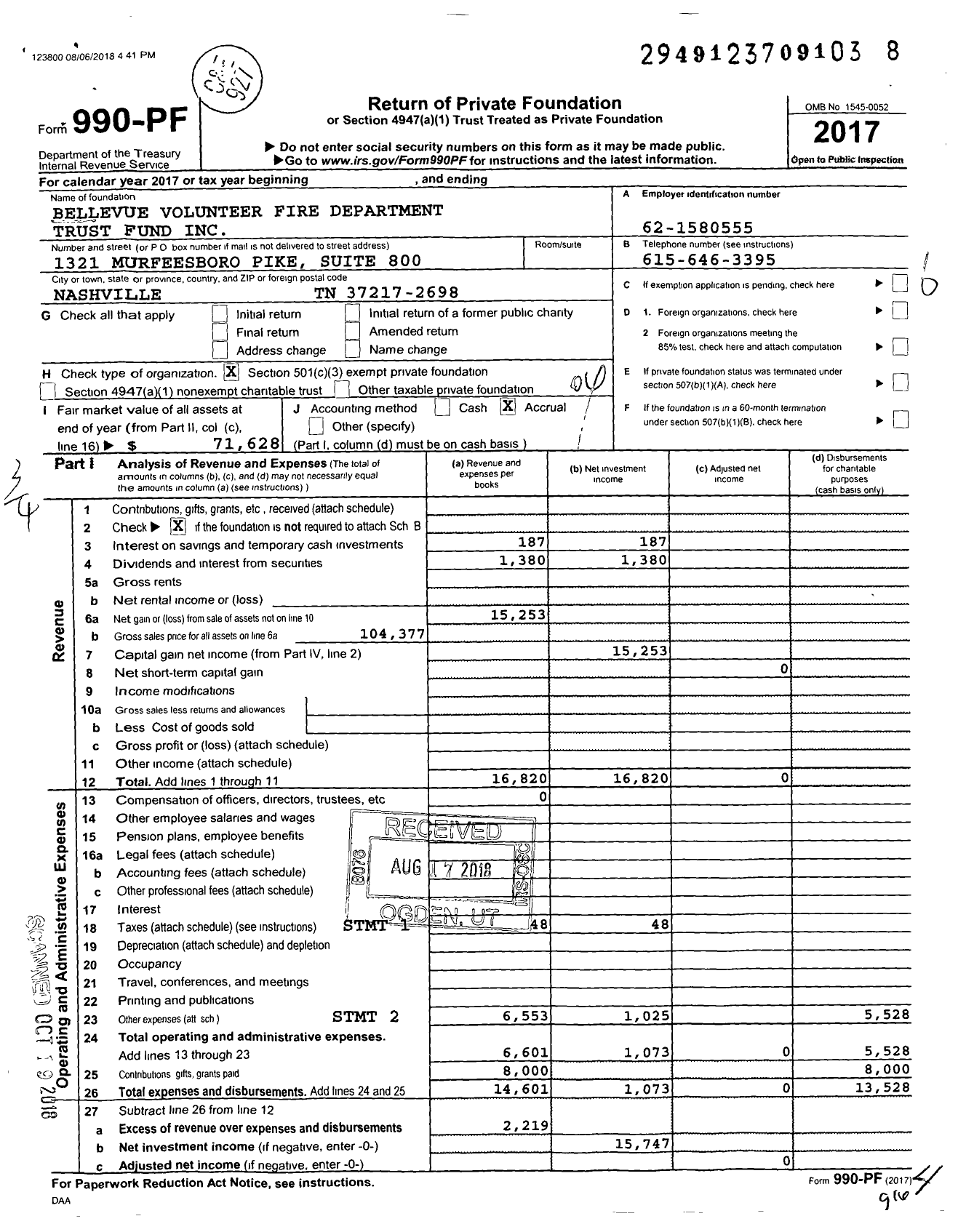 Image of first page of 2017 Form 990PF for Bellevue Volunteer Fire Department