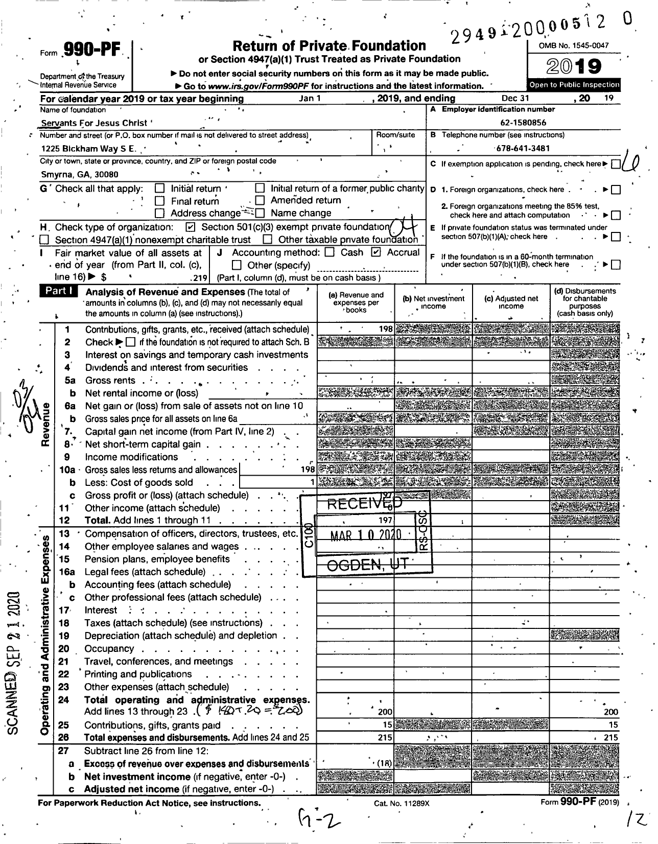 Image of first page of 2019 Form 990PR for Servants For Jesus Christ