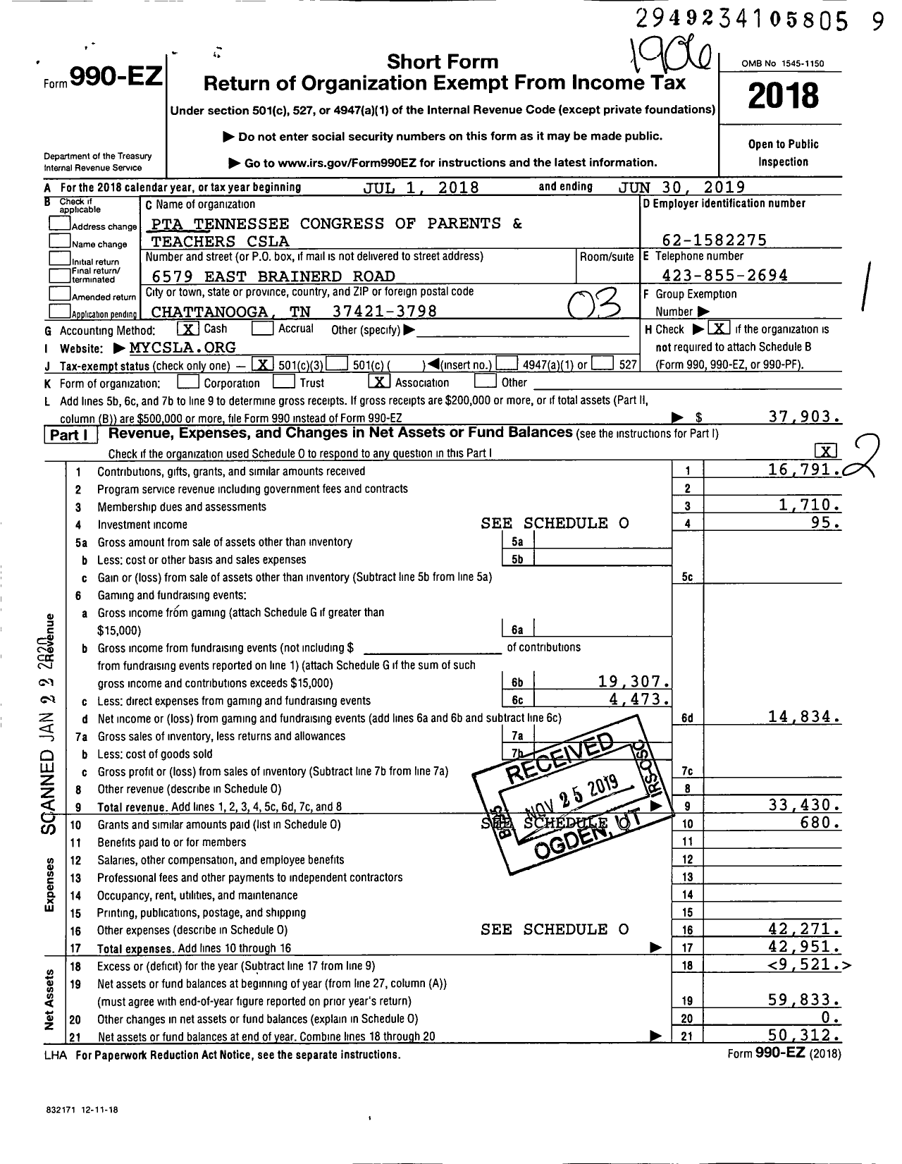 Image of first page of 2018 Form 990EZ for PTA Tennessee Congress of Parents and Teachers / Chattanooga School for Liberal Arts