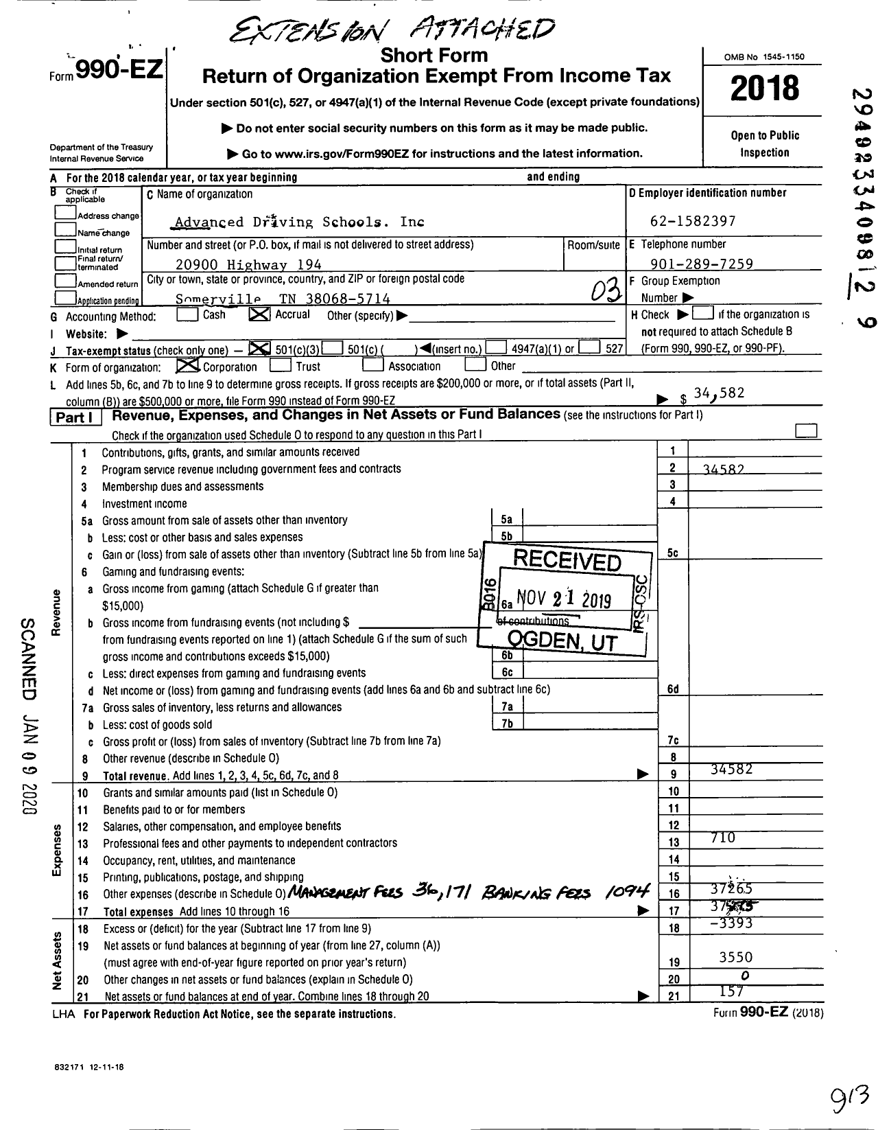 Image of first page of 2018 Form 990EZ for Advanced Driving Schools