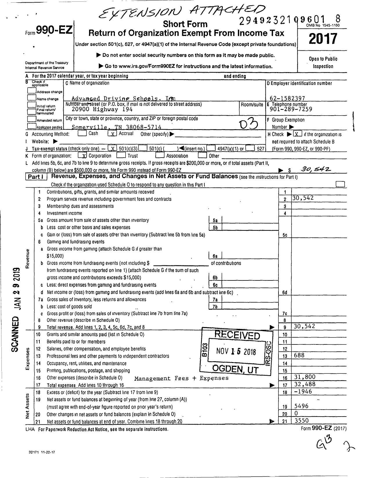 Image of first page of 2017 Form 990EZ for Advanced Driving Schools