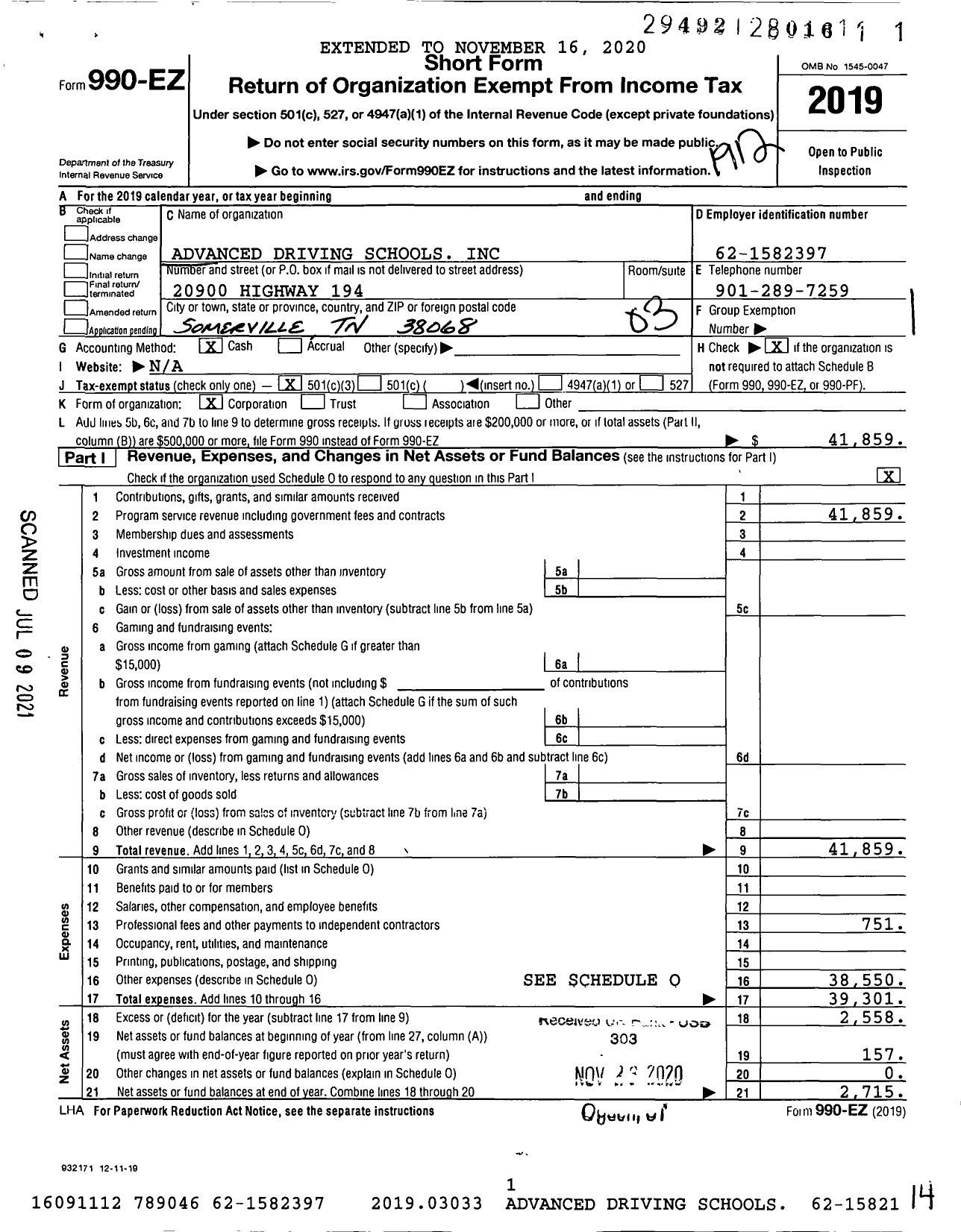 Image of first page of 2019 Form 990EZ for Advanced Driving Schools