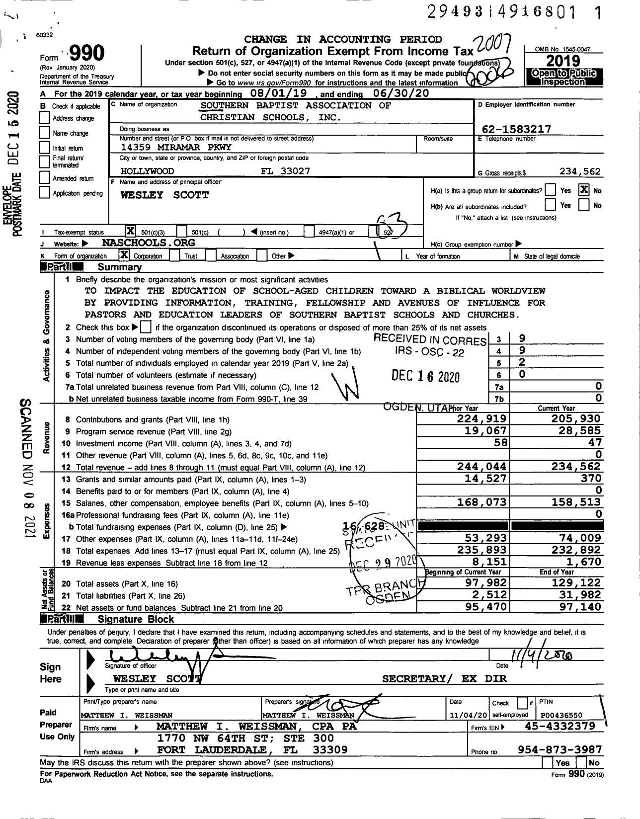 Image of first page of 2019 Form 990 for Southern Baptist Association of Christian Schools