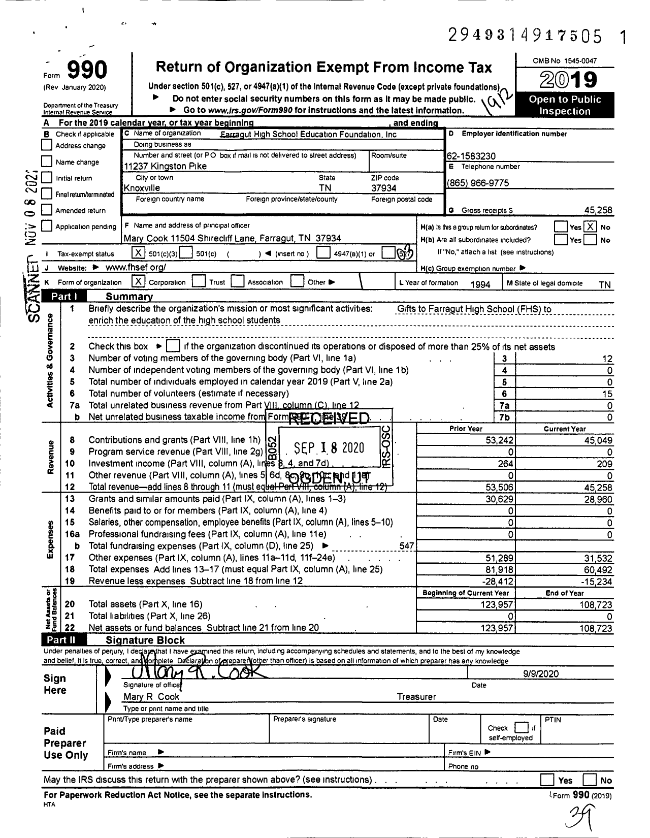 Image of first page of 2019 Form 990 for Farragut High School Education Foundation