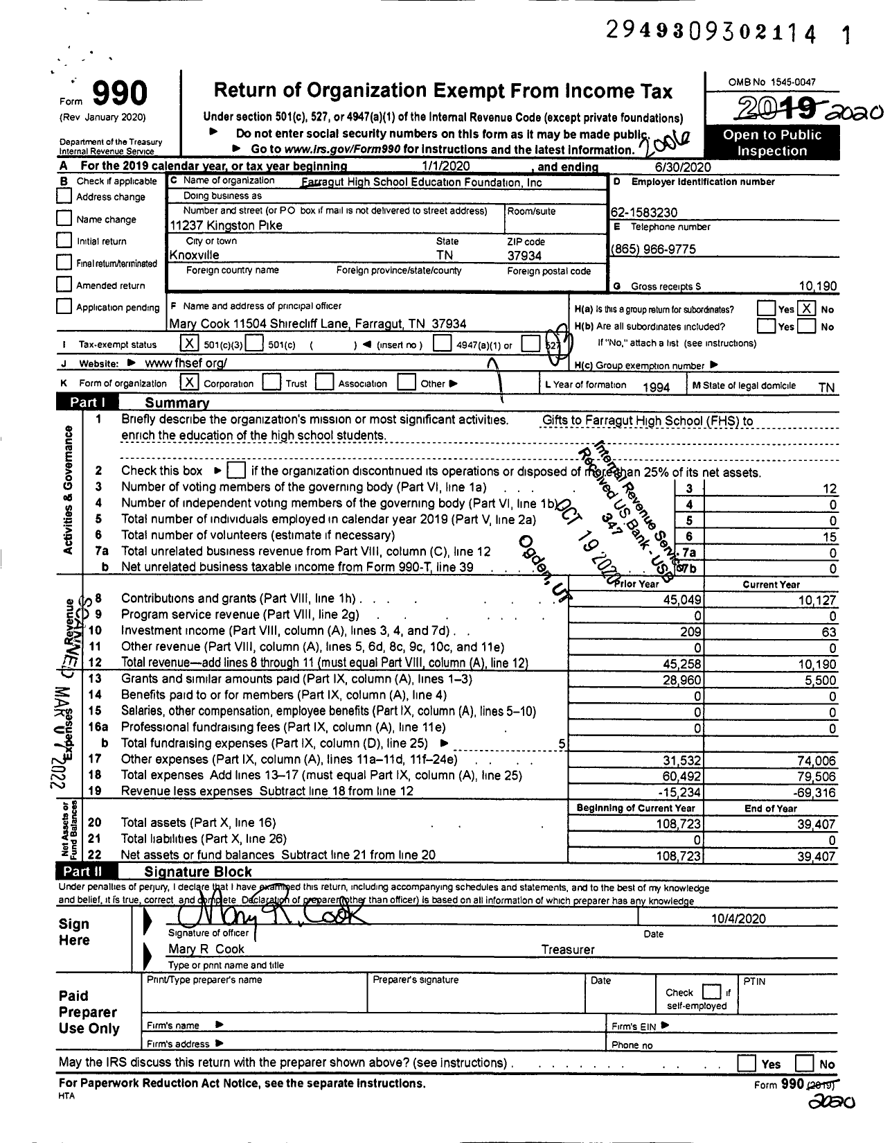 Image of first page of 2019 Form 990 for Farragut High School Education Foundation