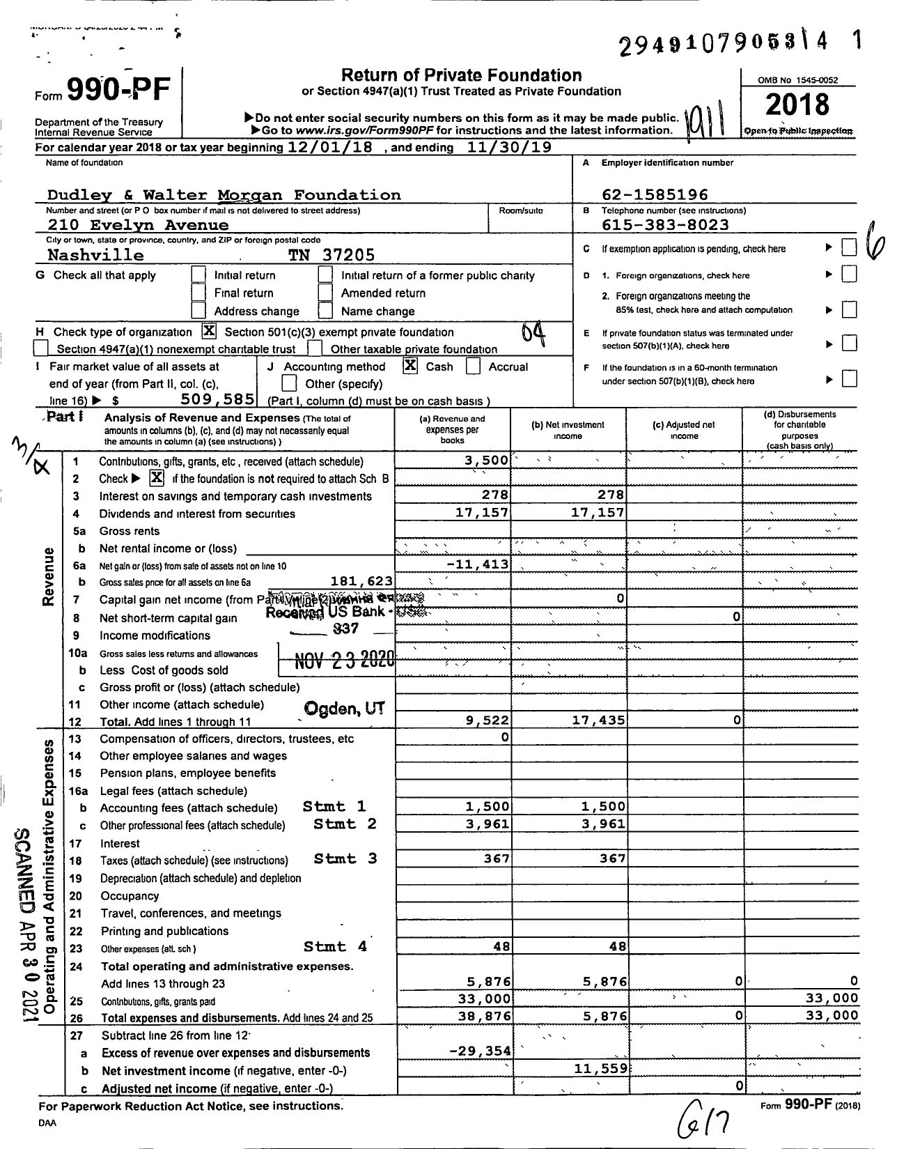 Image of first page of 2018 Form 990PF for Dudley and Walter Morgan Foundation