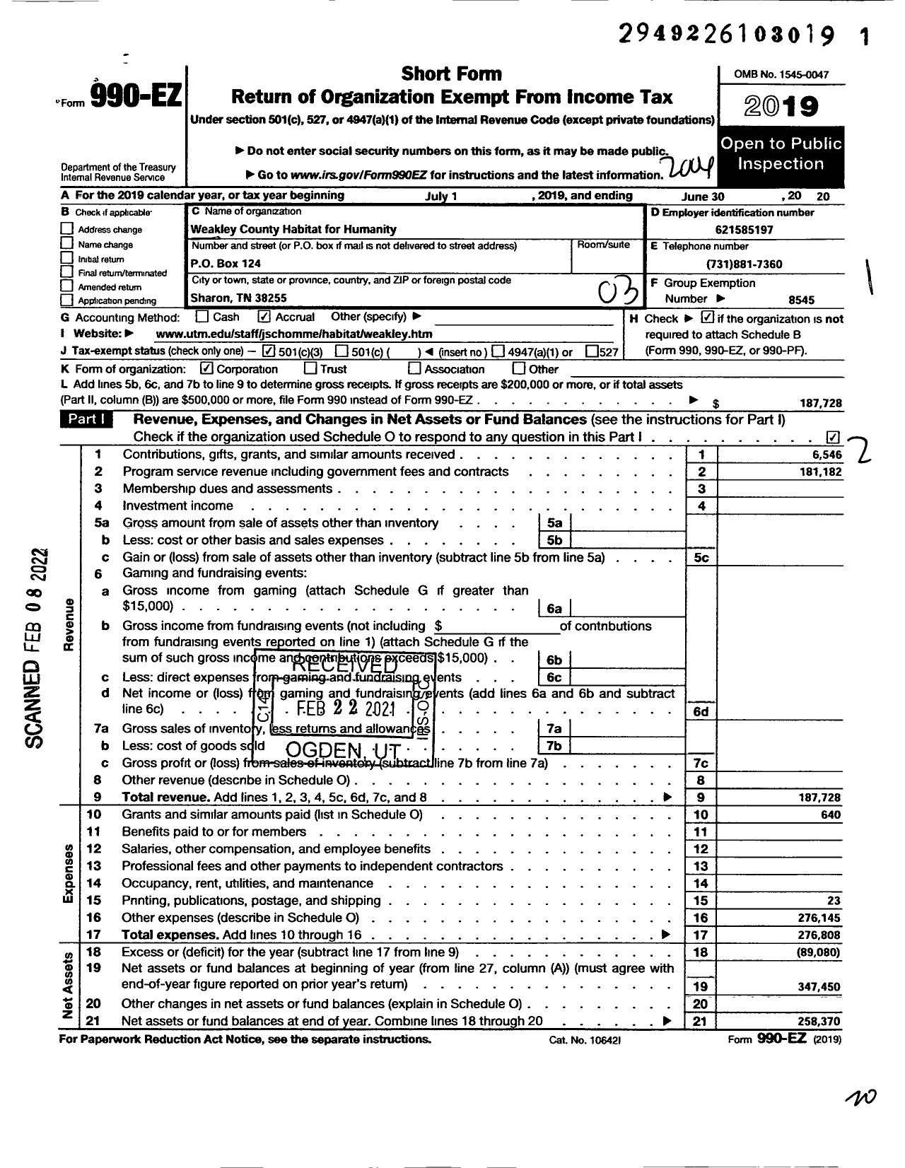 Image of first page of 2019 Form 990EZ for Habitat for Humanity - Weakley County HFH