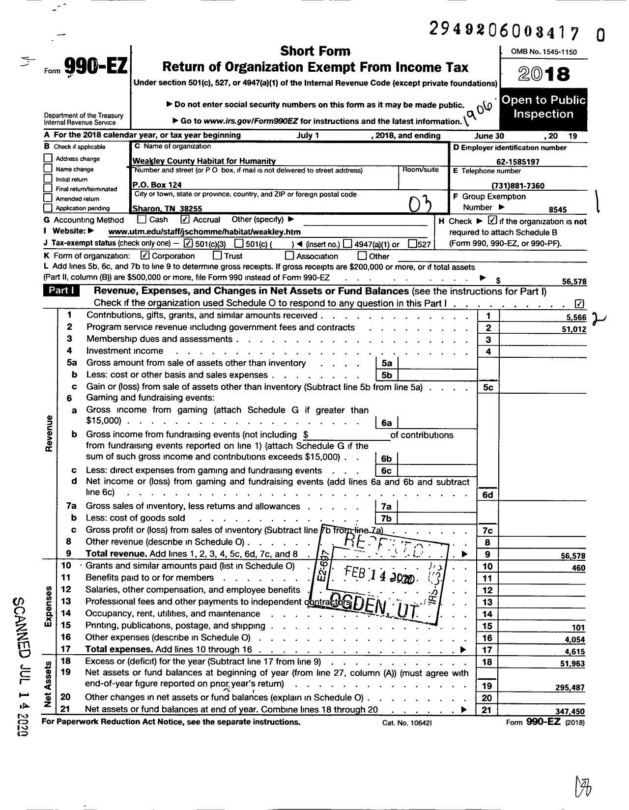 Image of first page of 2018 Form 990EZ for Habitat for Humanity - Weakley County HFH