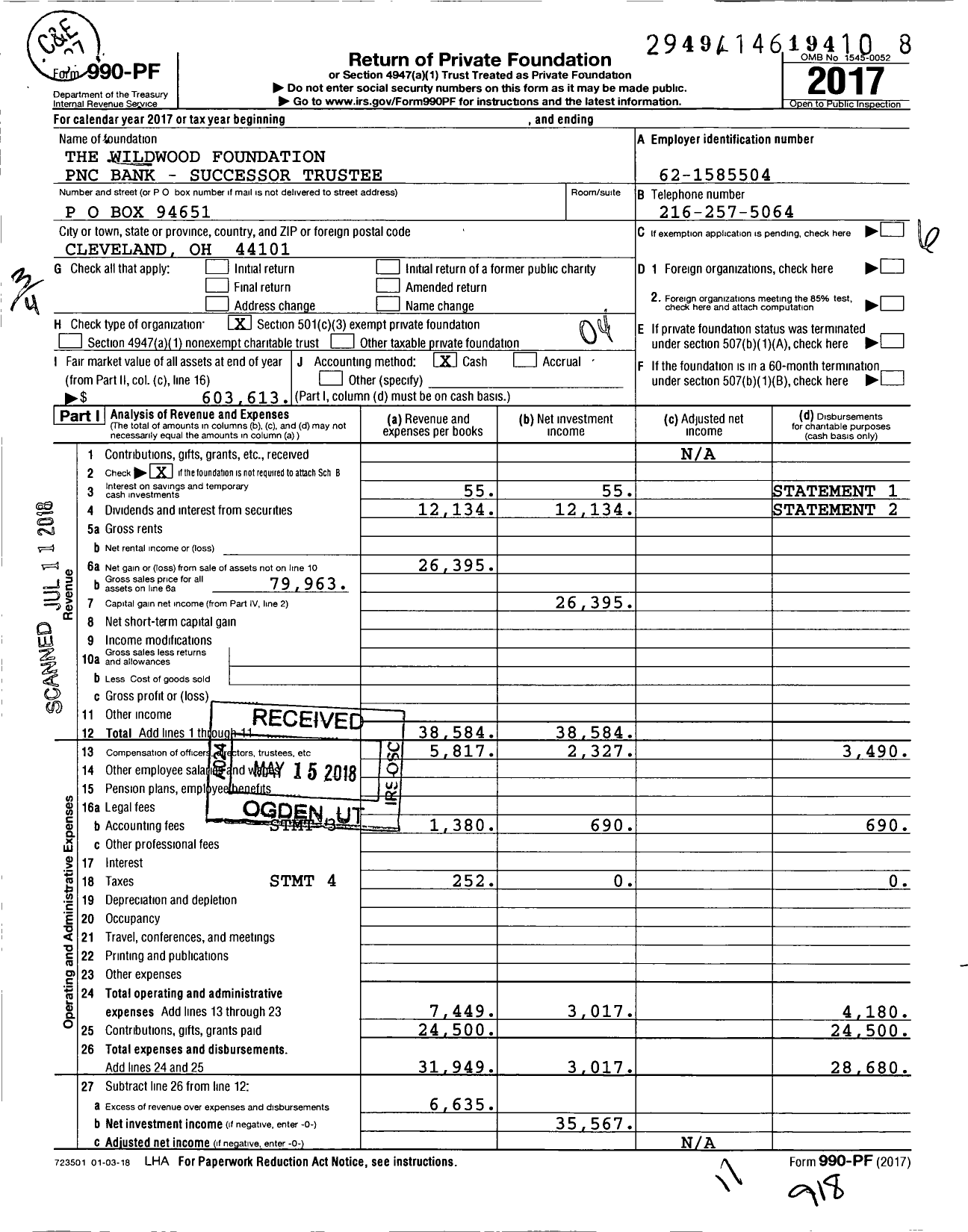 Image of first page of 2017 Form 990PF for The Wildwood Foundation PNC Bank Na - Successor Trustee