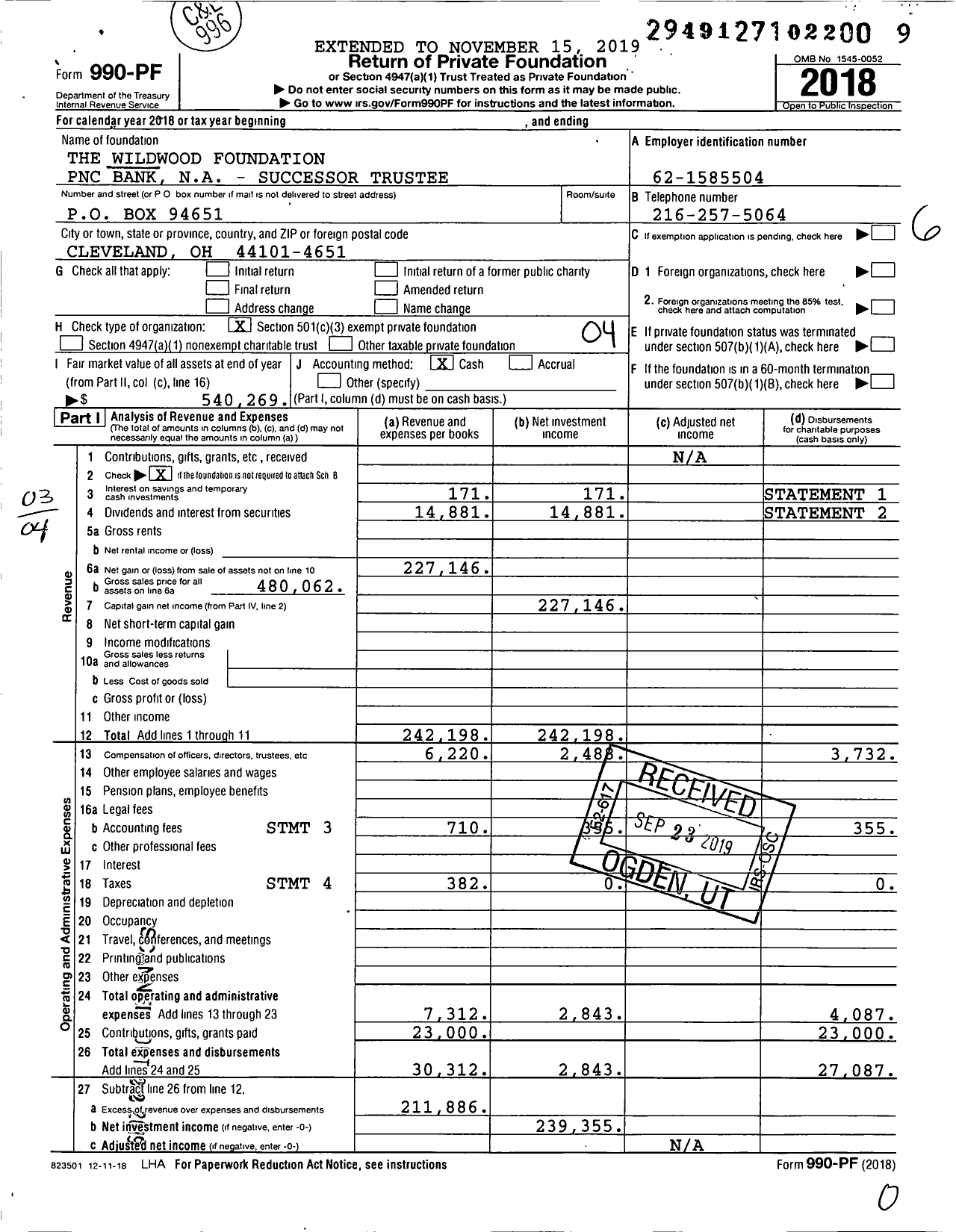 Image of first page of 2018 Form 990PF for The Wildwood Foundation PNC Bank Na - Successor Trustee
