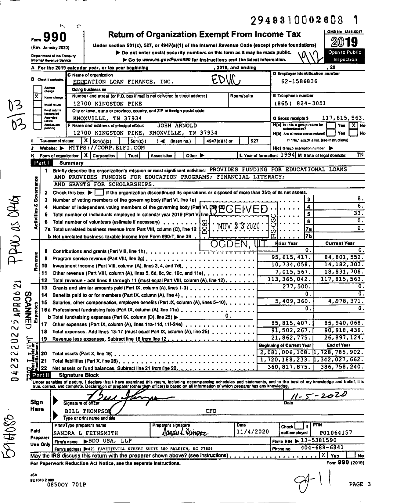 Image of first page of 2019 Form 990 for Educational Loan Finance