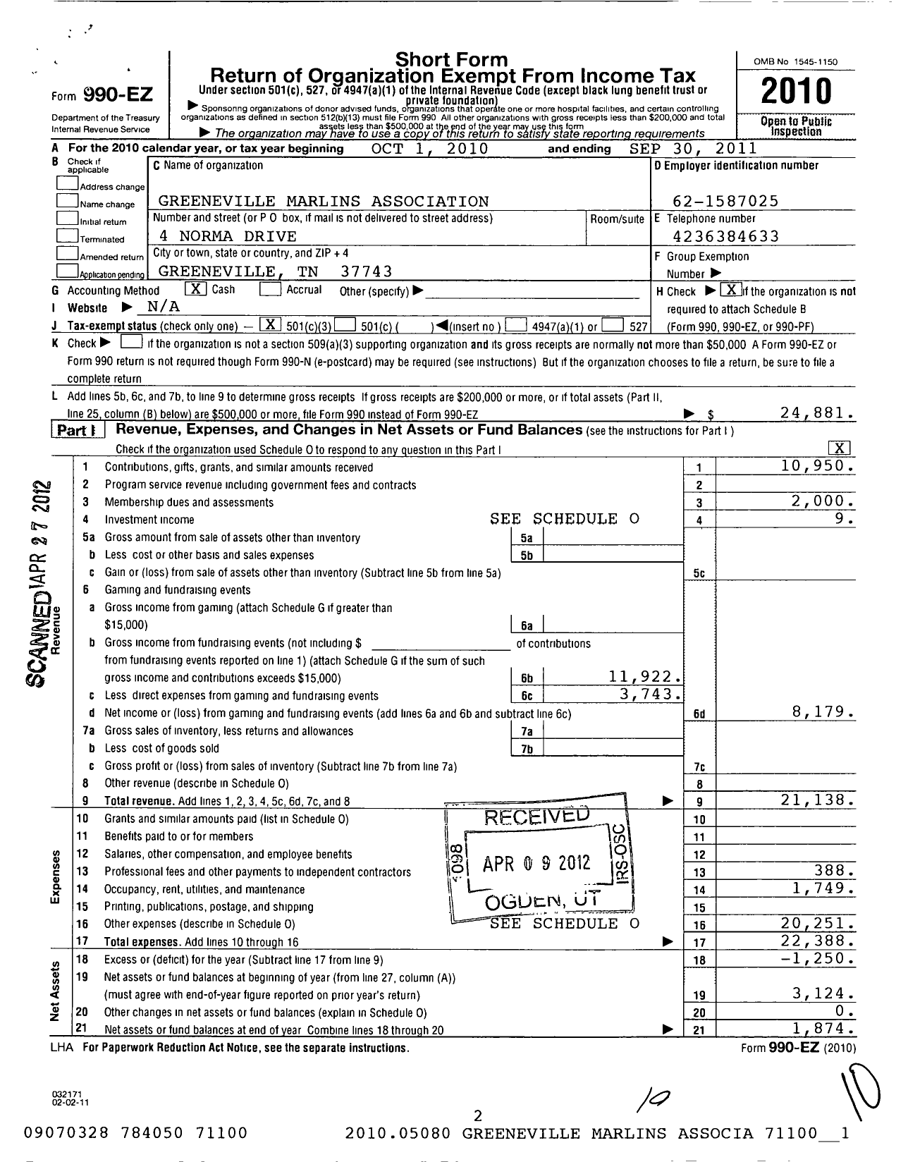 Image of first page of 2010 Form 990EZ for Greeneville Marlins Association