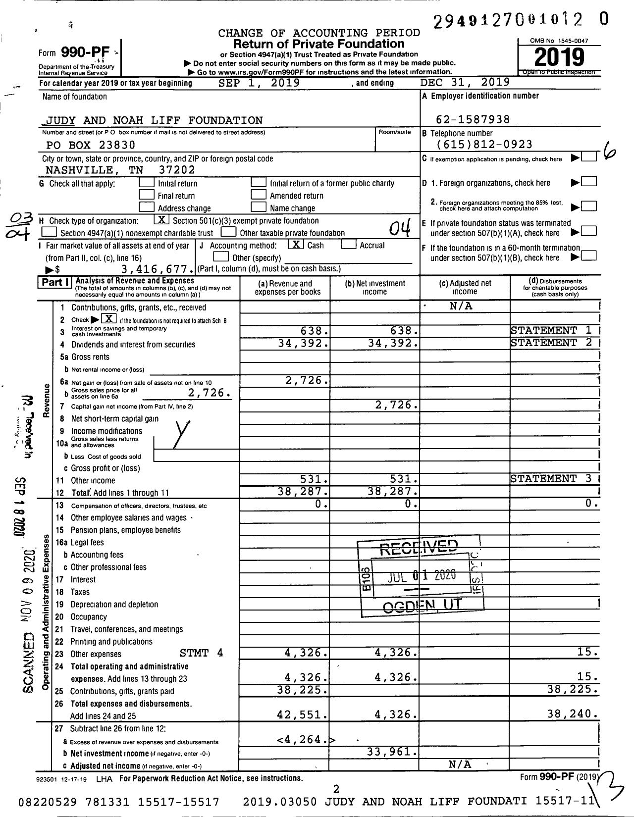 Image of first page of 2019 Form 990PF for Judy and Noah Liff Foundation