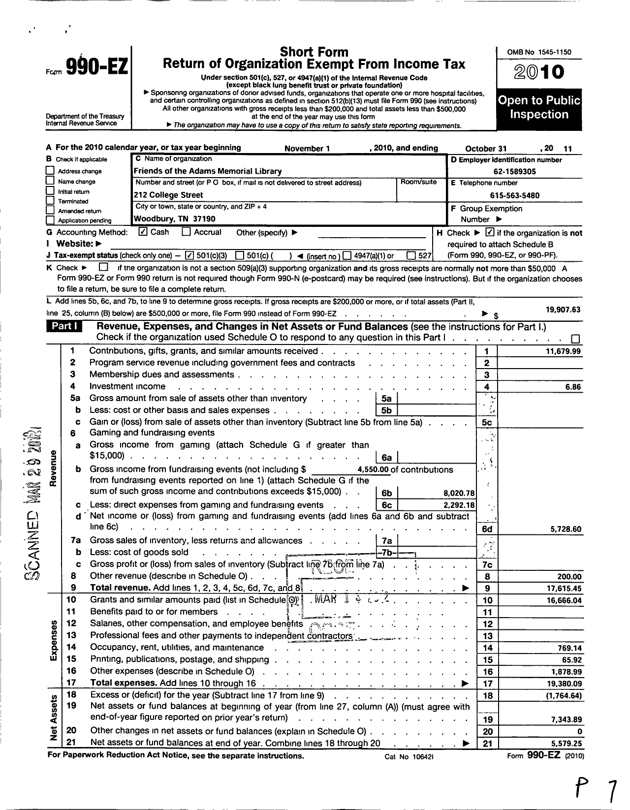 Image of first page of 2010 Form 990EZ for Friends of the Adams Memorial Library