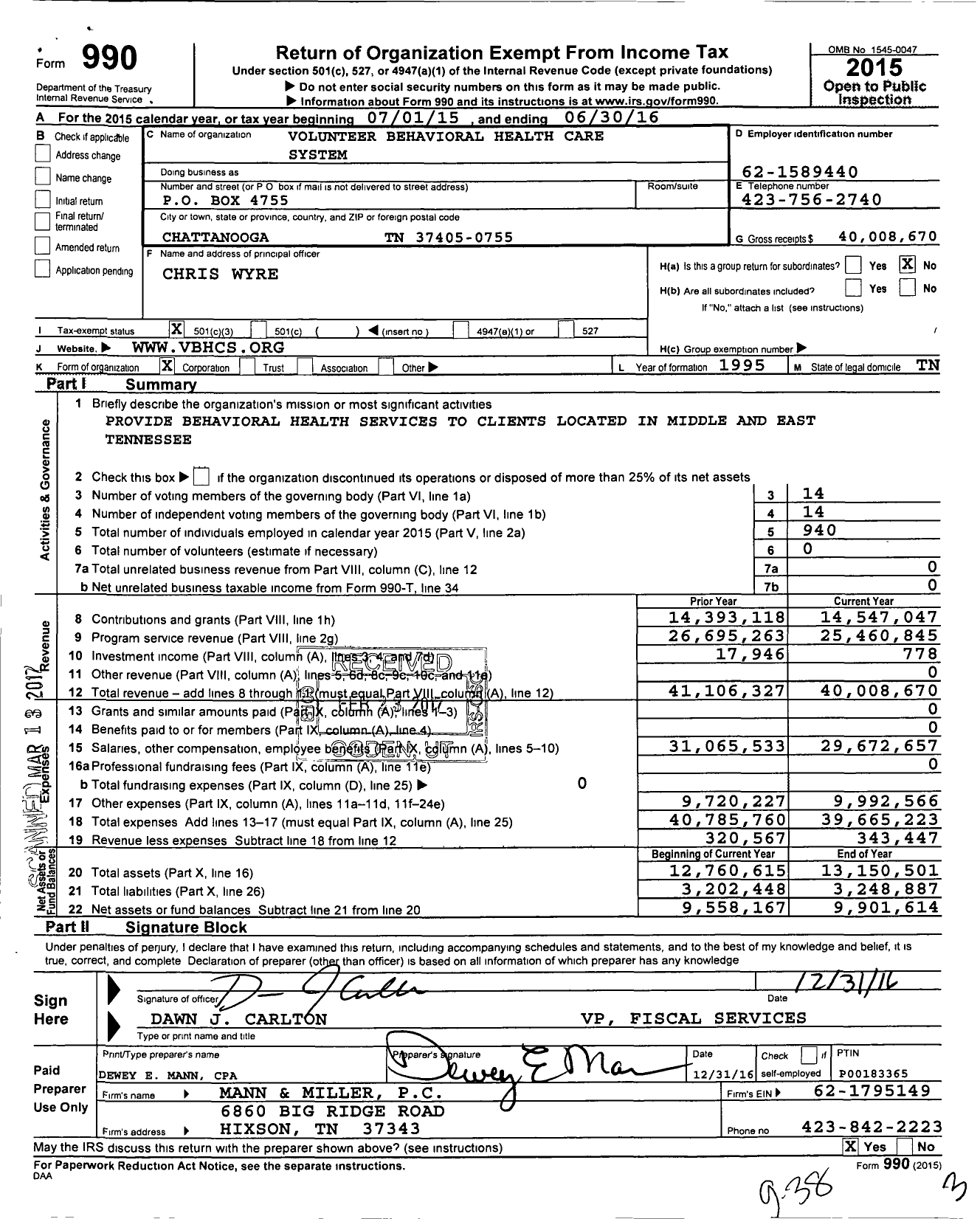 Image of first page of 2015 Form 990 for Volunteer Behavioral Health Care System (VBHCS)