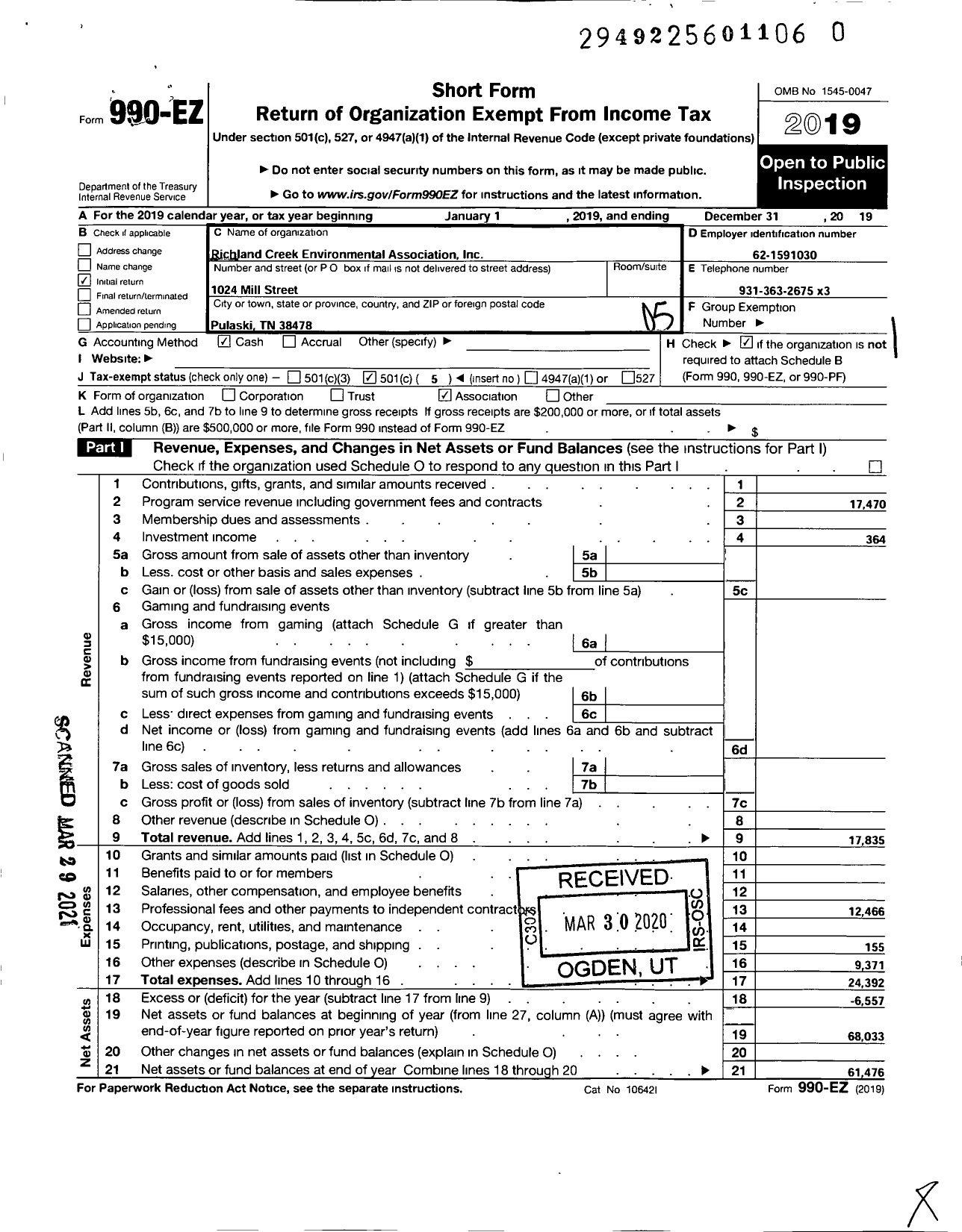 Image of first page of 2019 Form 990EO for Richland Creek Environmental Association