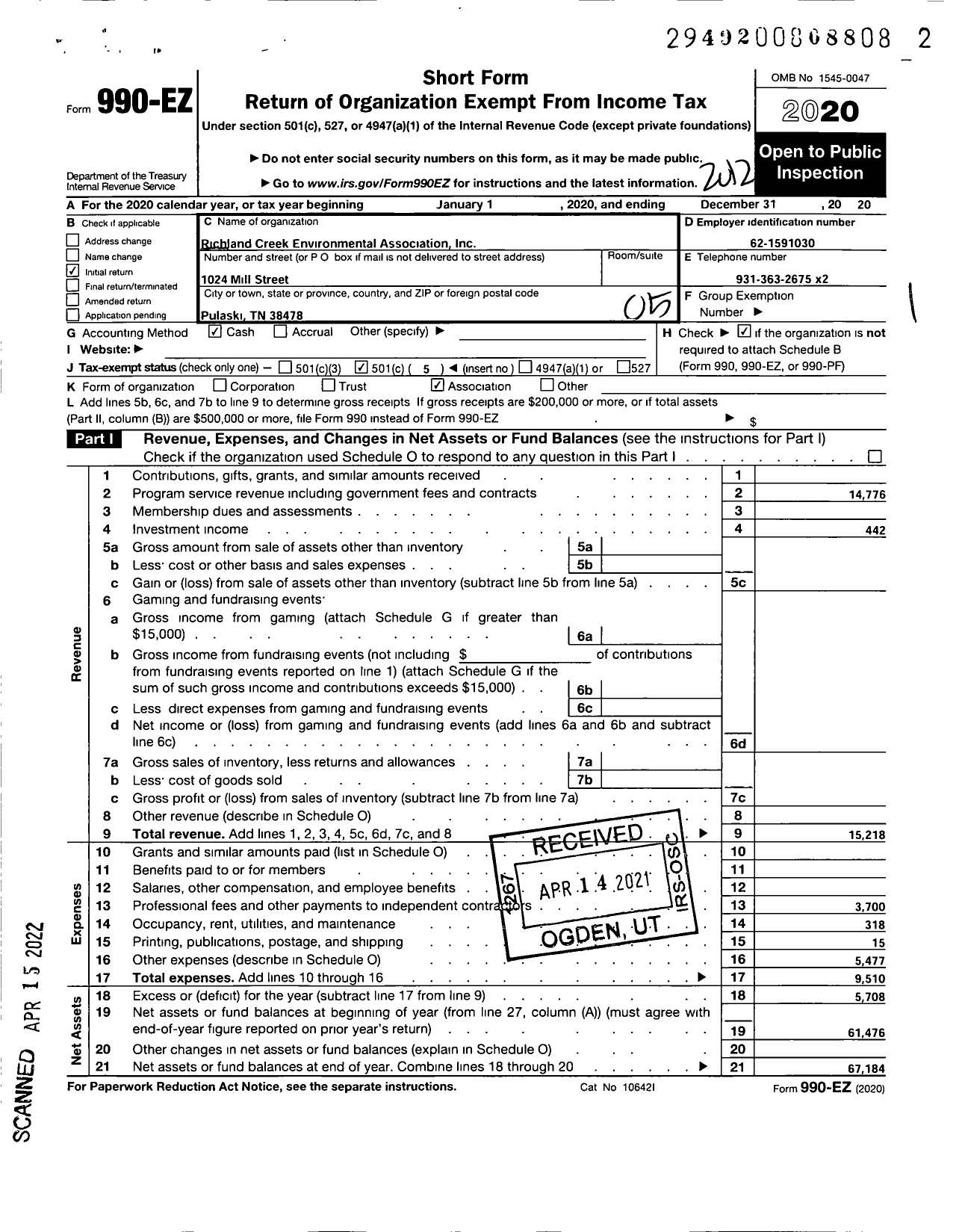 Image of first page of 2020 Form 990EO for Richland Creek Environmental Association