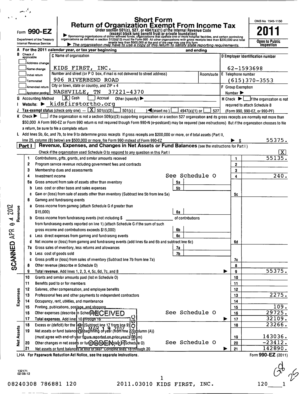 Image of first page of 2011 Form 990EZ for Kids First