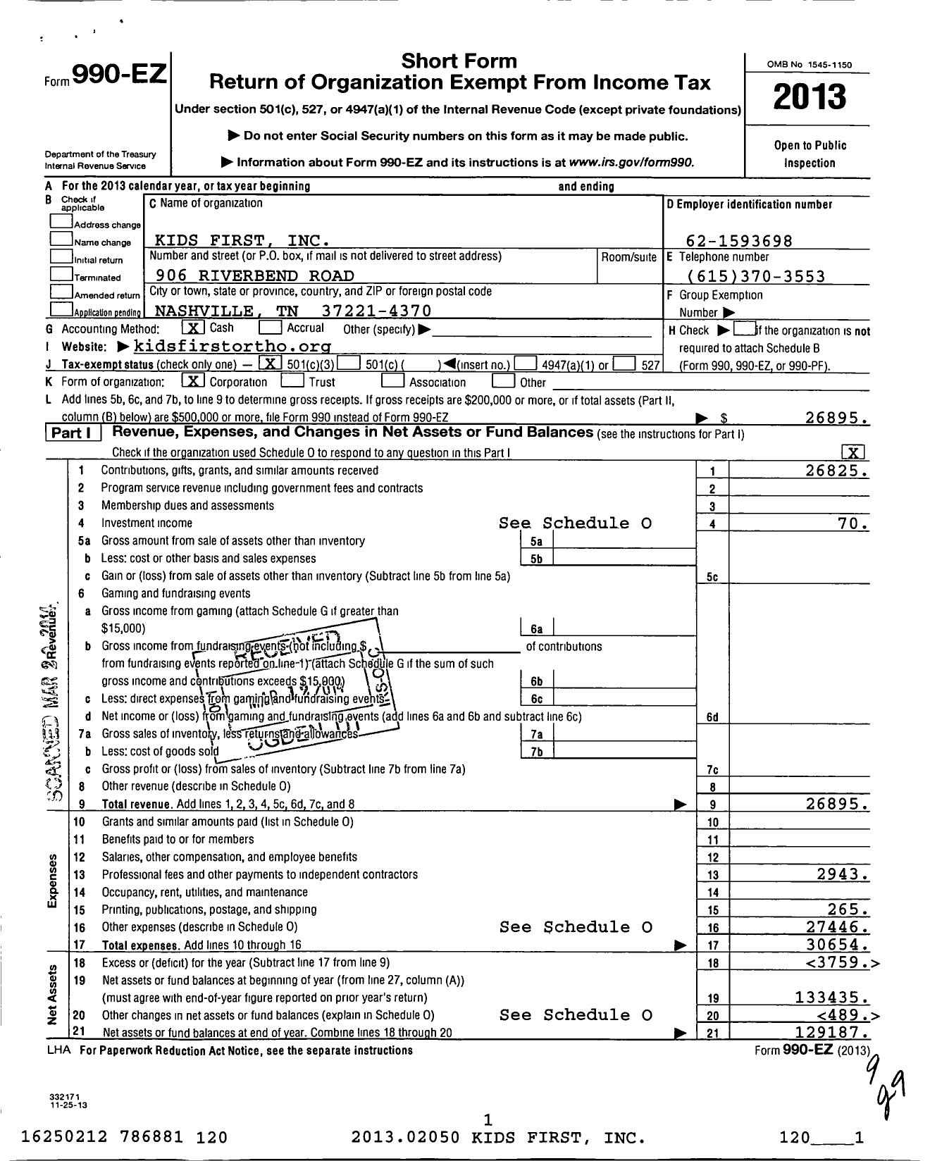 Image of first page of 2013 Form 990EZ for Kids First