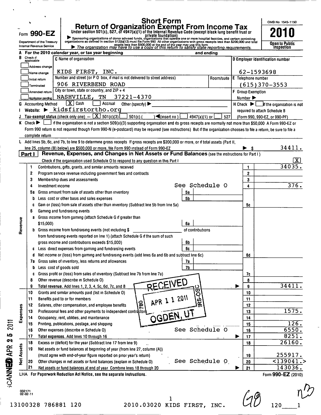 Image of first page of 2010 Form 990EZ for Kids First