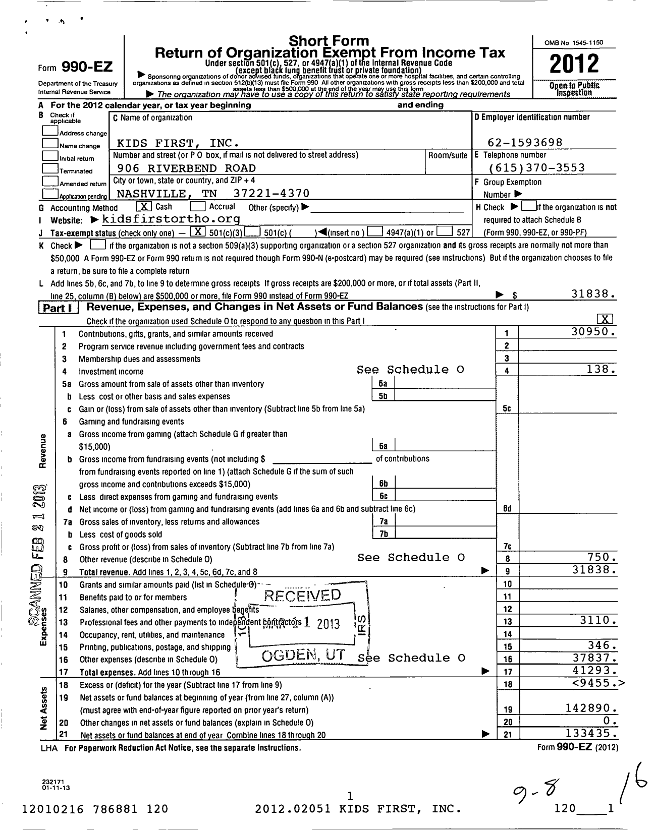 Image of first page of 2012 Form 990EZ for Kids First