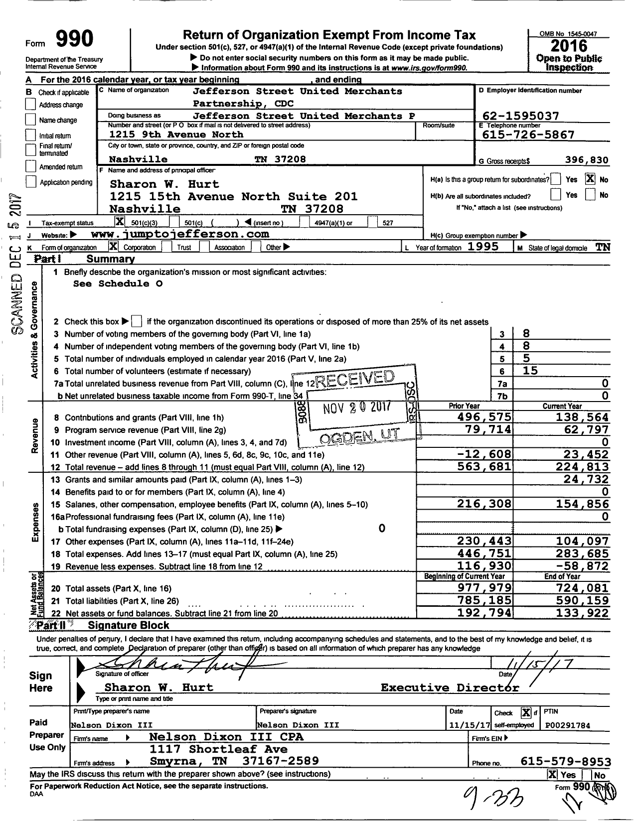 Image of first page of 2016 Form 990 for Jefferson Street United Merchants Partnership