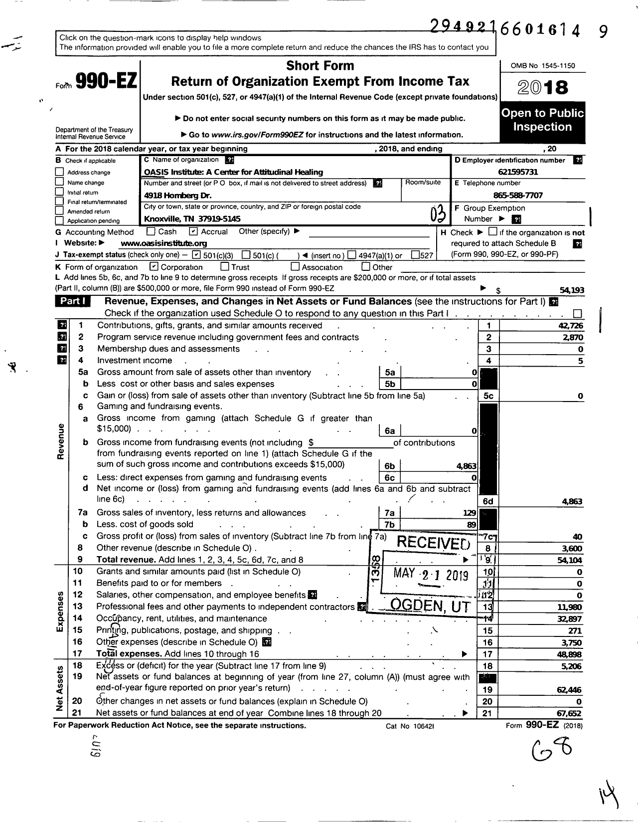 Image of first page of 2018 Form 990EZ for Oasis Institute A Center for Attitudinal Healing