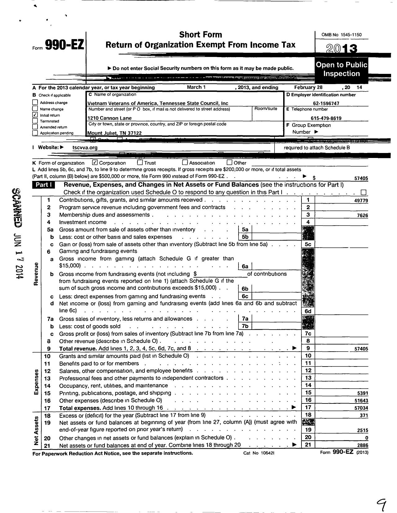 Image of first page of 2013 Form 990EZ for Vietnam Veterans of America - TN State Council-03