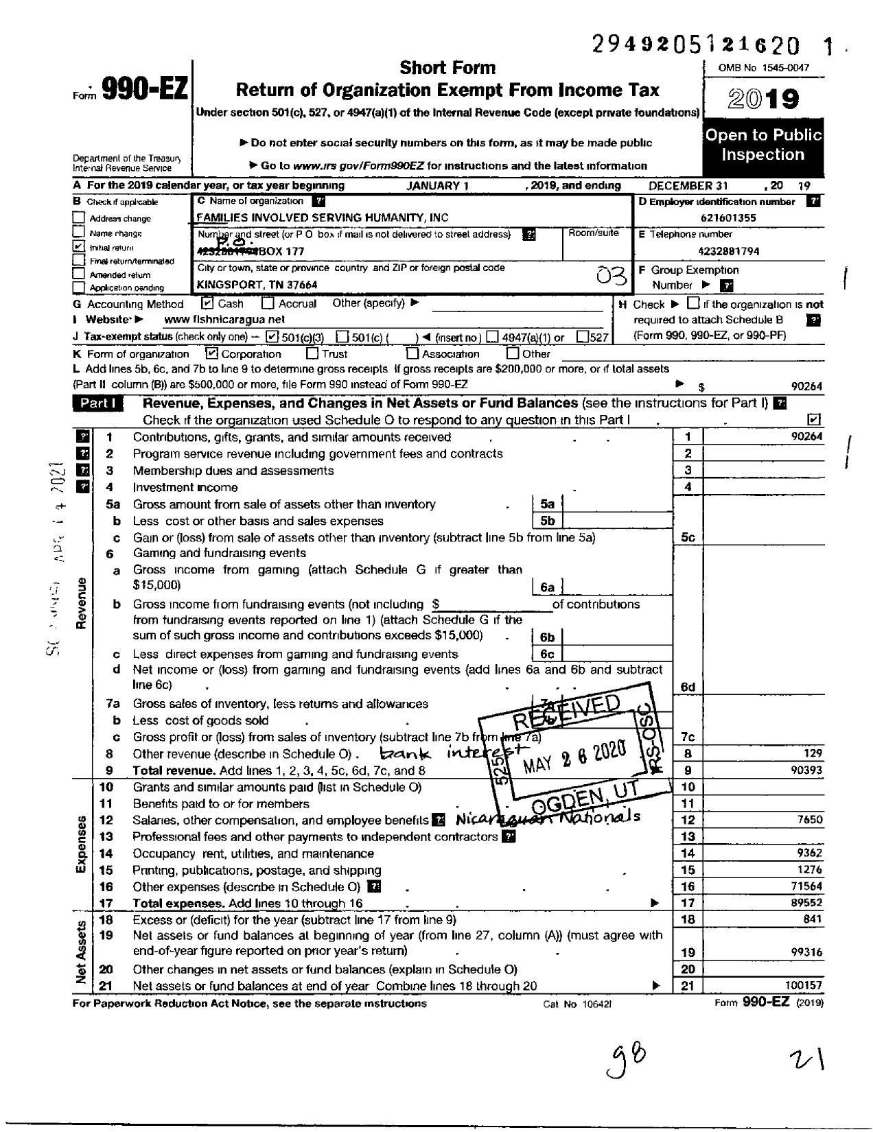 Image of first page of 2019 Form 990EZ for Families Involved Serving Humanity