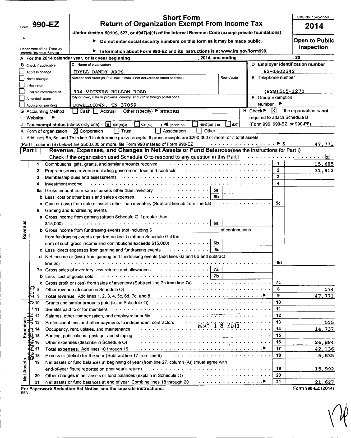 Image of first page of 2014 Form 990EZ for Idyll Dandy Arts