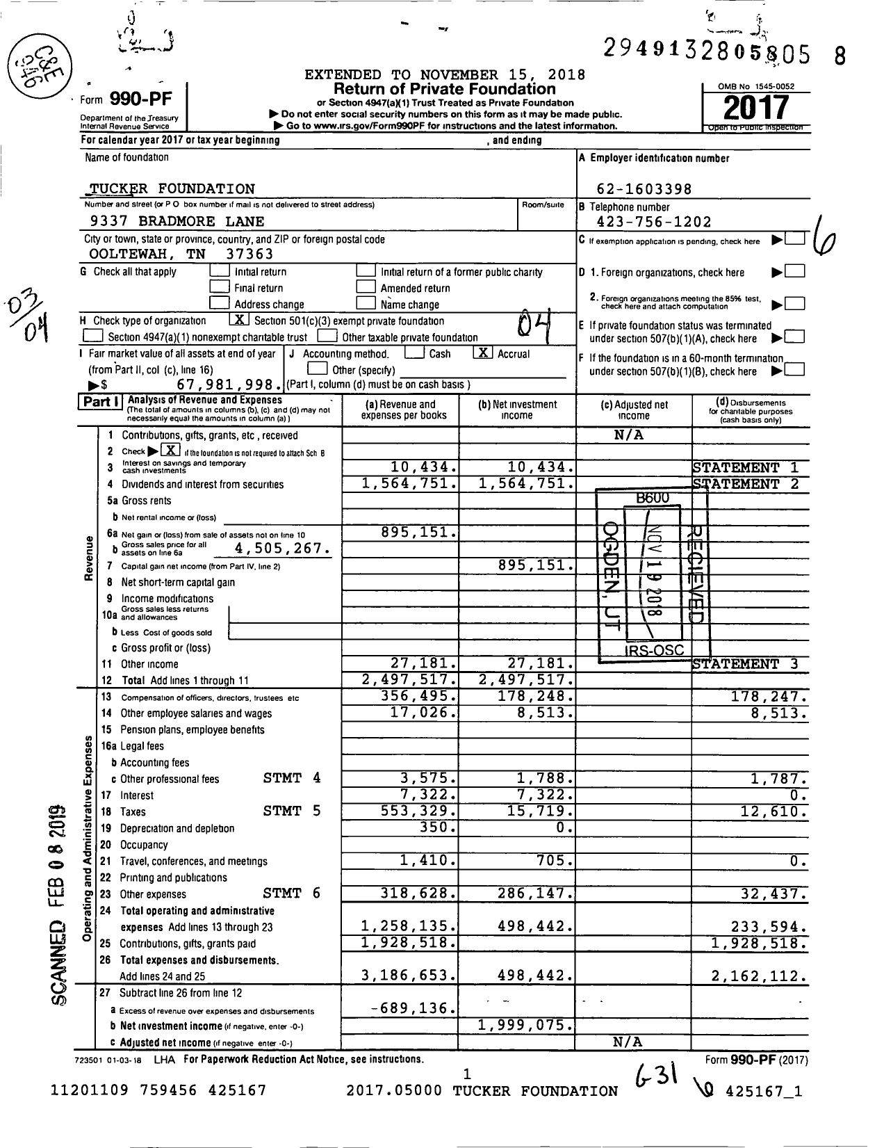 Image of first page of 2017 Form 990PF for Tucker Foundation