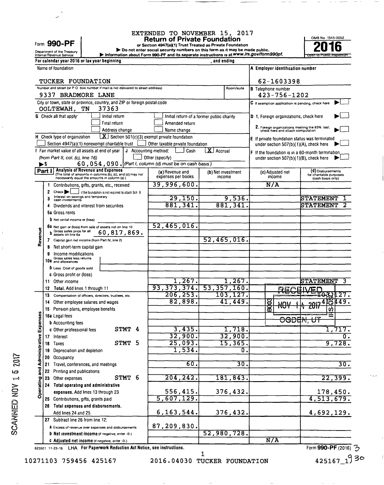 Image of first page of 2016 Form 990PF for Tucker Foundation