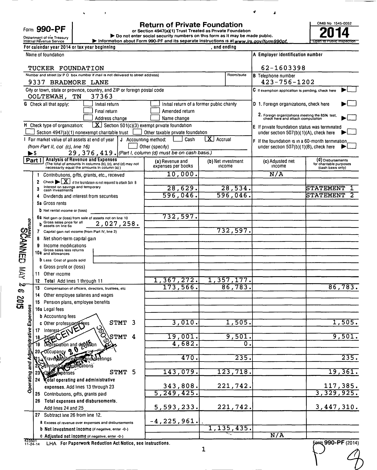 Image of first page of 2014 Form 990PF for Tucker Foundation