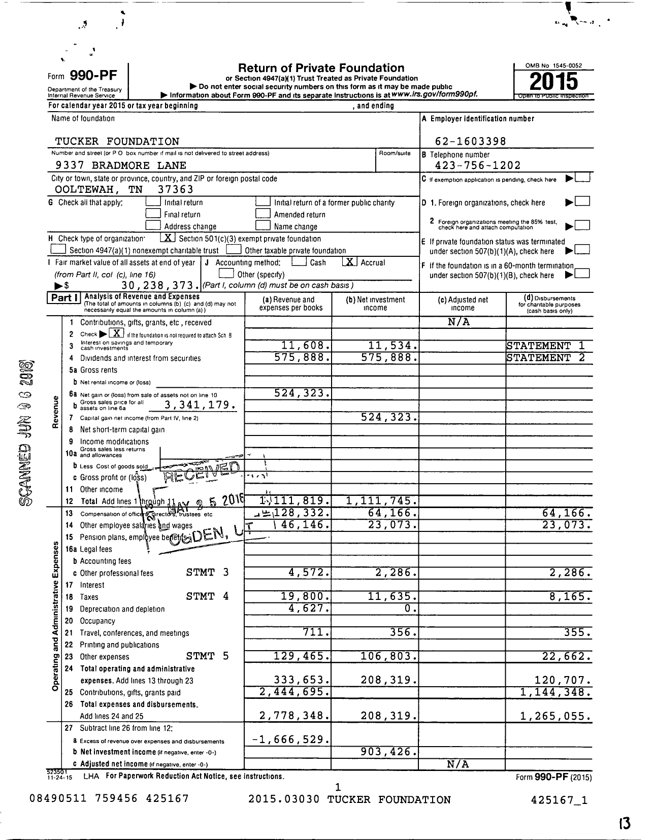 Image of first page of 2015 Form 990PF for Tucker Foundation