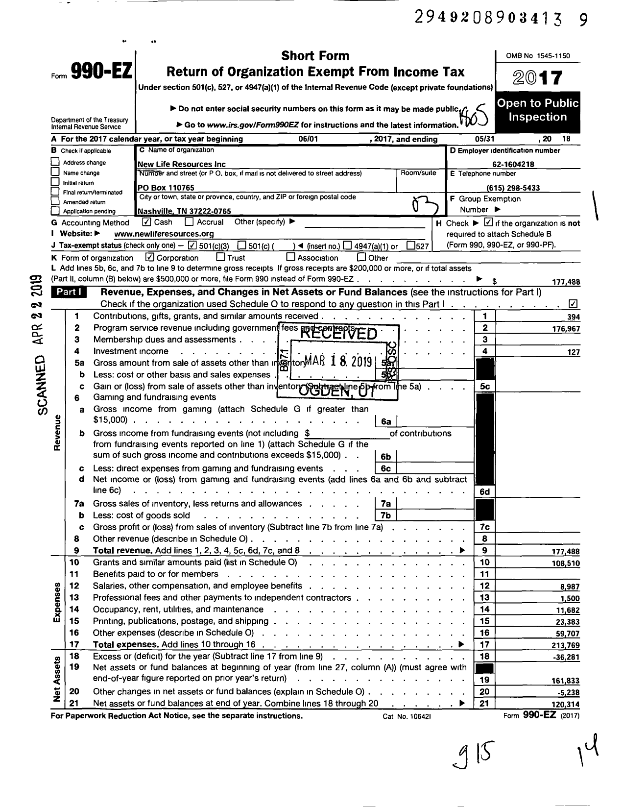 Image of first page of 2017 Form 990EZ for New Life Resources